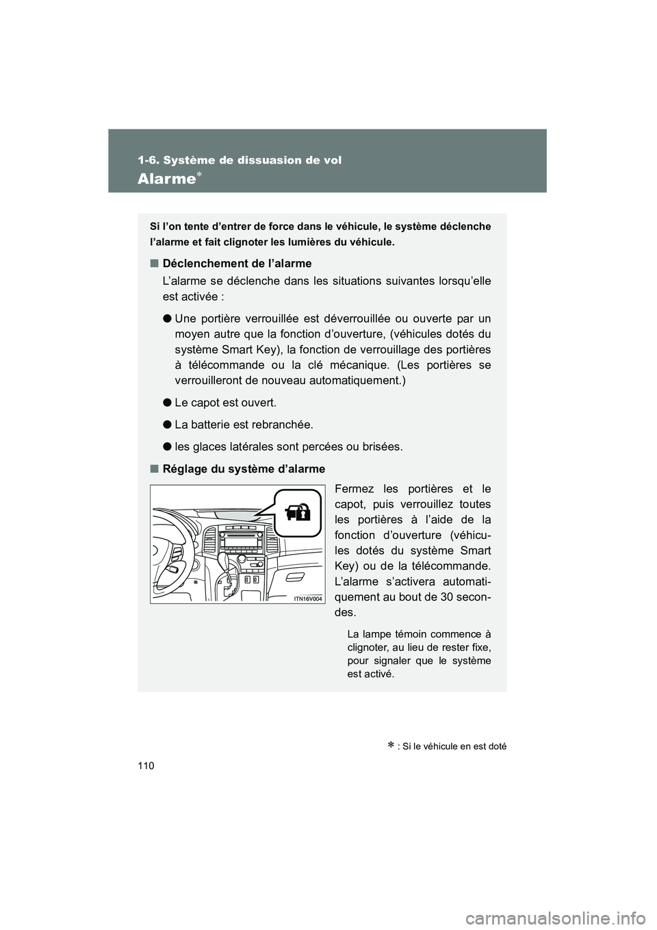 TOYOTA VENZA 2013  Manuel du propriétaire (in French) 110
1-6. Système de dissuasion de vol
VENZA_OM_OM73010D_(D)
Alarme∗
∗ : Si le véhicule en est doté
Si l’on tente d’entrer de force dans le véhicule, le système déclenche
l’alarme et fa