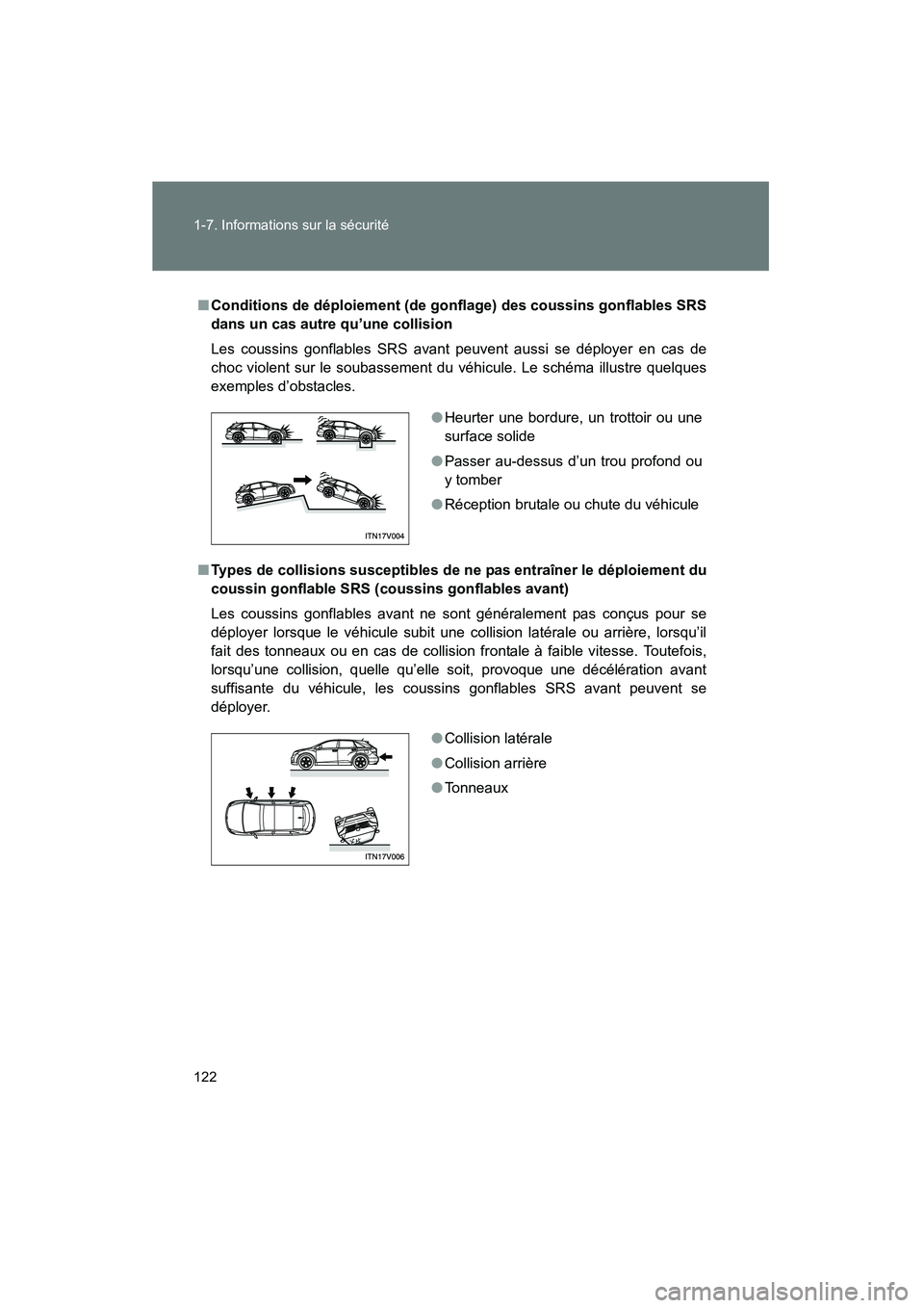 TOYOTA VENZA 2013 Manuel du propriétaire (in French) 122 1-7. Informations sur la sécurité
VENZA_OM_OM73010D_(D)
■Conditions de déploiement (de gonflage) des coussins gonflables SRS
dans un cas autre qu’une collision
Les coussins gonflables SRS a TOYOTA VENZA 2013 Manuel du propriétaire (in French) 122 1-7. Informations sur la sécurité
VENZA_OM_OM73010D_(D)
■Conditions de déploiement (de gonflage) des coussins gonflables SRS
dans un cas autre qu’une collision
Les coussins gonflables SRS a