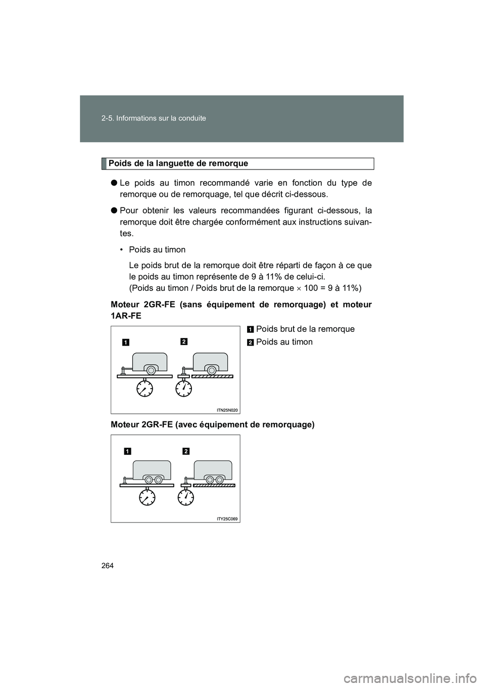 TOYOTA VENZA 2013 Manuel du propriétaire (in French) 264 2-5. Informations sur la conduite
VENZA_OM_OM73010D_(D)
Poids de la languette de remorque● Le poids au timon recommandé varie en fonction du type de
remorque ou de remorquage, tel que décrit c TOYOTA VENZA 2013 Manuel du propriétaire (in French) 264 2-5. Informations sur la conduite
VENZA_OM_OM73010D_(D)
Poids de la languette de remorque● Le poids au timon recommandé varie en fonction du type de
remorque ou de remorquage, tel que décrit c