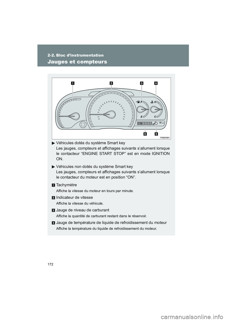 TOYOTA VENZA 2011  Manuel du propriétaire (in French) 172
VENZA_D (OM73005D)
2-2. Bloc d’instrumentation
Jauges et compteurs
Véhicules dotés du système Smart key
Les jauges, compteurs et affich ages suivants s’allument lorsque
le contacteur “ENG