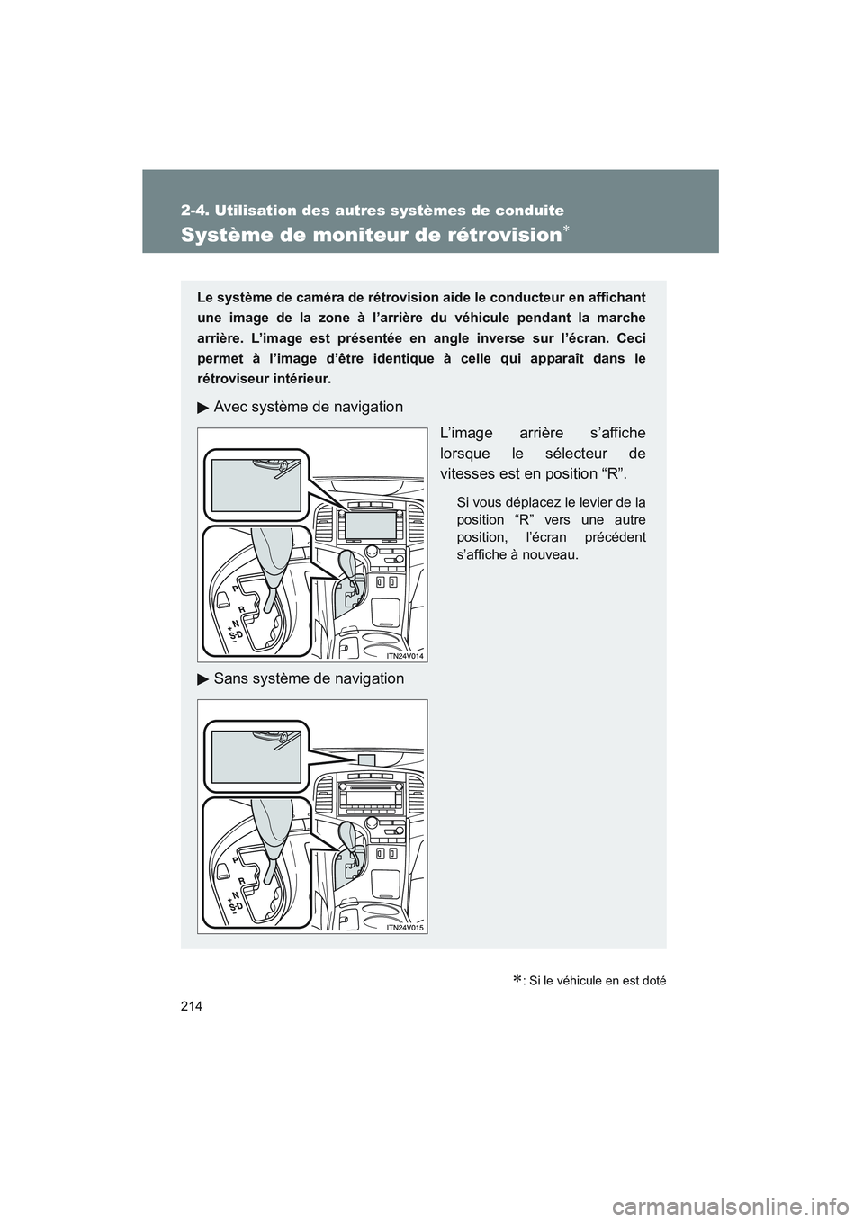 TOYOTA VENZA 2011 Manuel du propriétaire (in French) 214
2-4. Utilisation des autres systèmes de conduite
VENZA_D (OM73005D)
Système de moniteur de rétrovision∗
∗: Si le véhicule en est doté
Le système de caméra de rétrovision aide le conduc TOYOTA VENZA 2011 Manuel du propriétaire (in French) 214
2-4. Utilisation des autres systèmes de conduite
VENZA_D (OM73005D)
Système de moniteur de rétrovision∗
∗: Si le véhicule en est doté
Le système de caméra de rétrovision aide le conduc