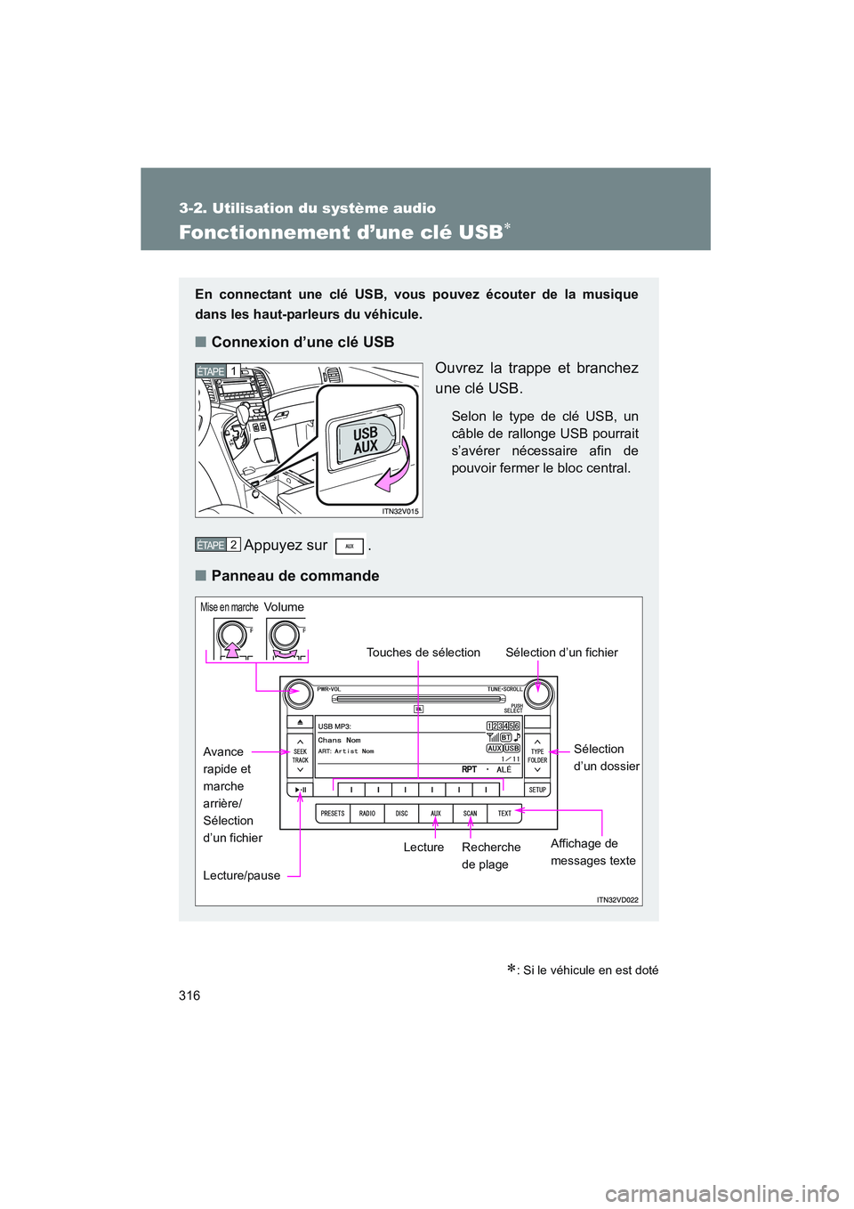 TOYOTA VENZA 2011 Manuel du propriétaire (in French) 316
3-2. Utilisation du système audio
VENZA_D (OM73005D)
Fonctionnement d’une clé USB∗
∗: Si le véhicule en est doté
En connectant une clé USB, vous pouvez écouter de la musique
dans les h TOYOTA VENZA 2011 Manuel du propriétaire (in French) 316
3-2. Utilisation du système audio
VENZA_D (OM73005D)
Fonctionnement d’une clé USB∗
∗: Si le véhicule en est doté
En connectant une clé USB, vous pouvez écouter de la musique
dans les h