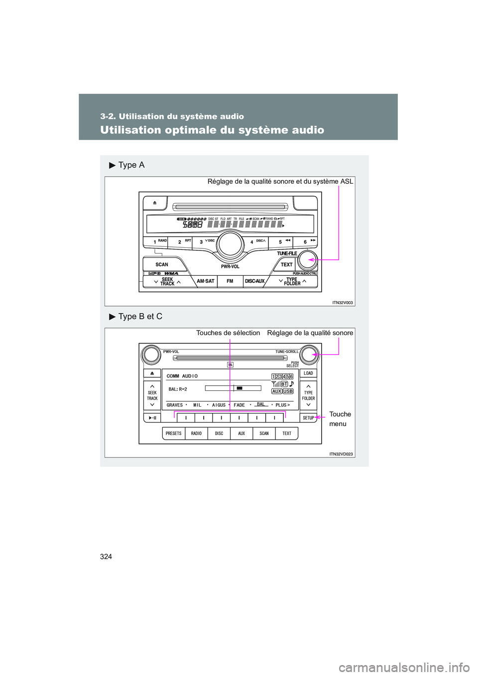 TOYOTA VENZA 2011  Manuel du propriétaire (in French) 324
3-2. Utilisation du système audio
VENZA_D (OM73005D)
Utilisation optimale du système audio
Ty p e  A
Ty p e  B  e t  C
Réglage de la qualité sonore et du système ASL
Réglage de la qualité s