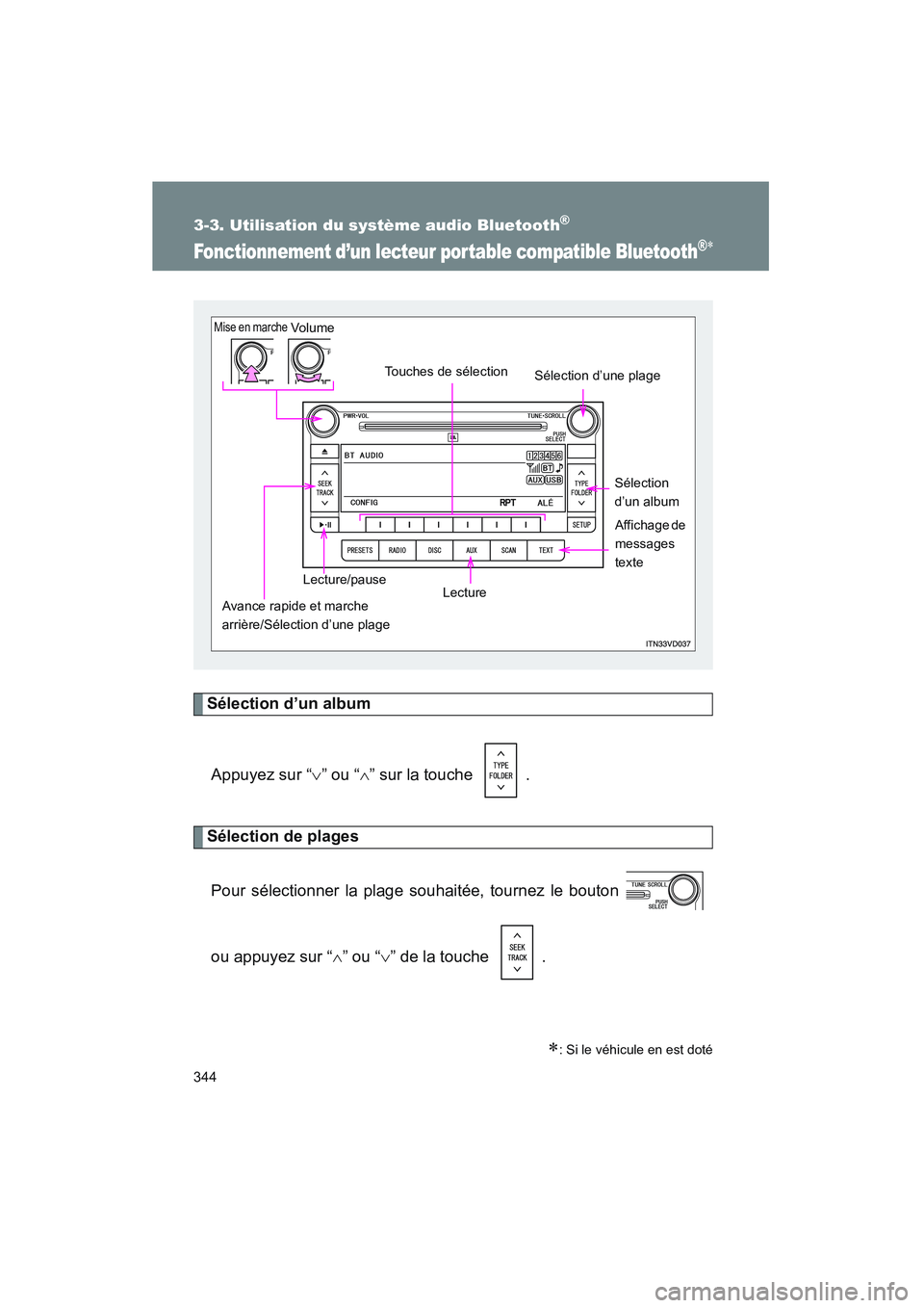 TOYOTA VENZA 2011 Manuel du propriétaire (in French) 344
3-3. Utilisation du système audio Bluetooth®
VENZA_D (OM73005D)
Fonctionnement d’un lecteur portable compatible Bluetooth®∗
Sélection d’un album
Appuyez sur “ ∨” ou “ ∧” sur TOYOTA VENZA 2011 Manuel du propriétaire (in French) 344
3-3. Utilisation du système audio Bluetooth®
VENZA_D (OM73005D)
Fonctionnement d’un lecteur portable compatible Bluetooth®∗
Sélection d’un album
Appuyez sur “ ∨” ou “ ∧” sur