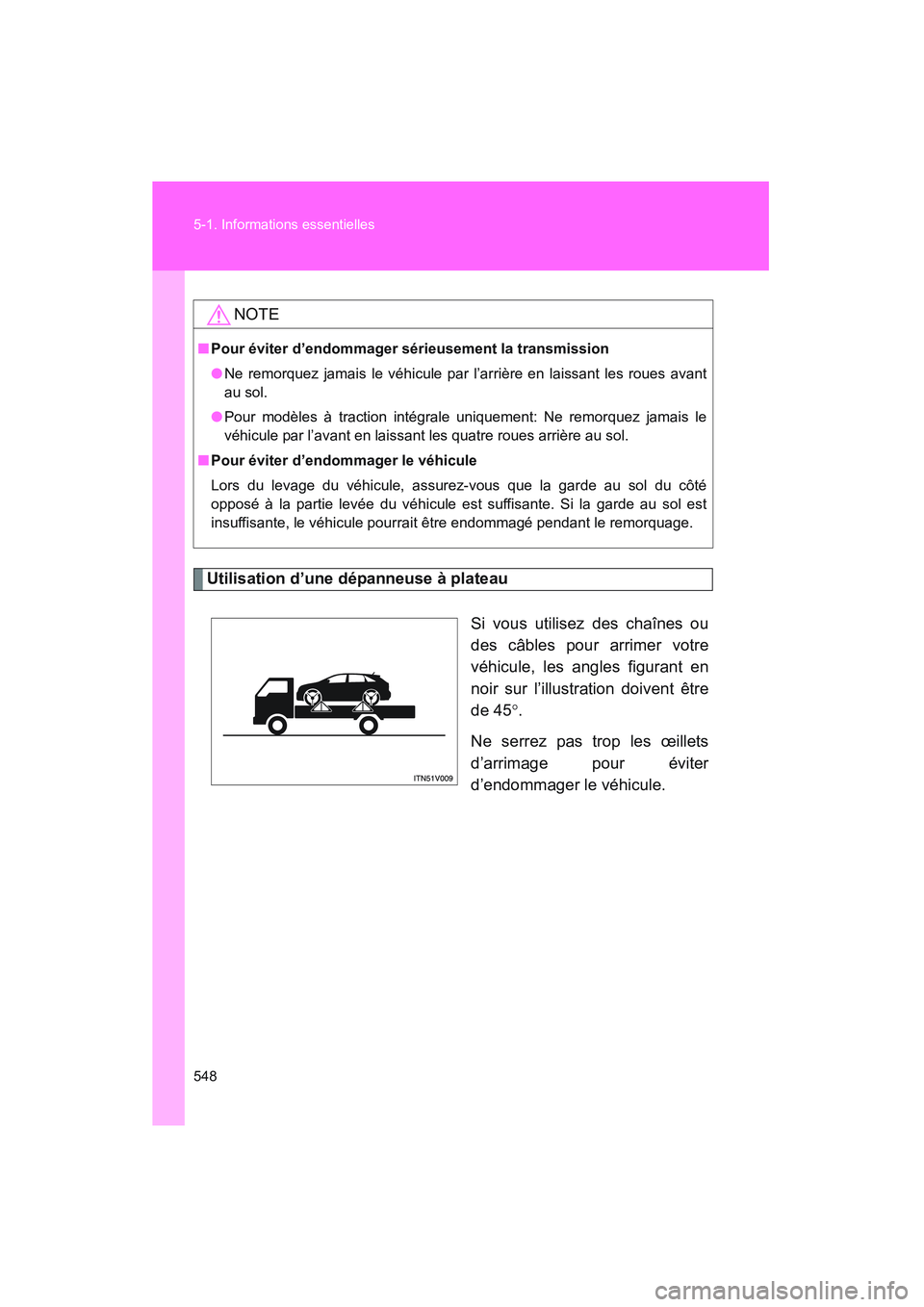 TOYOTA VENZA 2011  Manuel du propriétaire (in French) 548 5-1. Informations essentielles
VENZA_D (OM73005D)
Utilisation d’une dépanneuse à plateauSi vous utilisez des chaînes ou
des câbles pour arrimer votre
véhicule, les angles figurant en
noir s