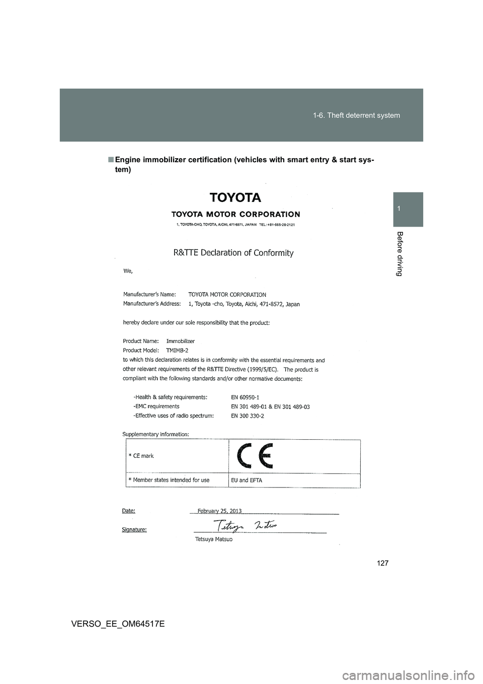 TOYOTA VERSO 2017  Owners Manual 127 
1-6. Theft deterrent system
1
Before driving
VERSO_EE_OM64517E
■ Engine immobilizer certification (vehicles with smart entry & start sys- 
tem) 