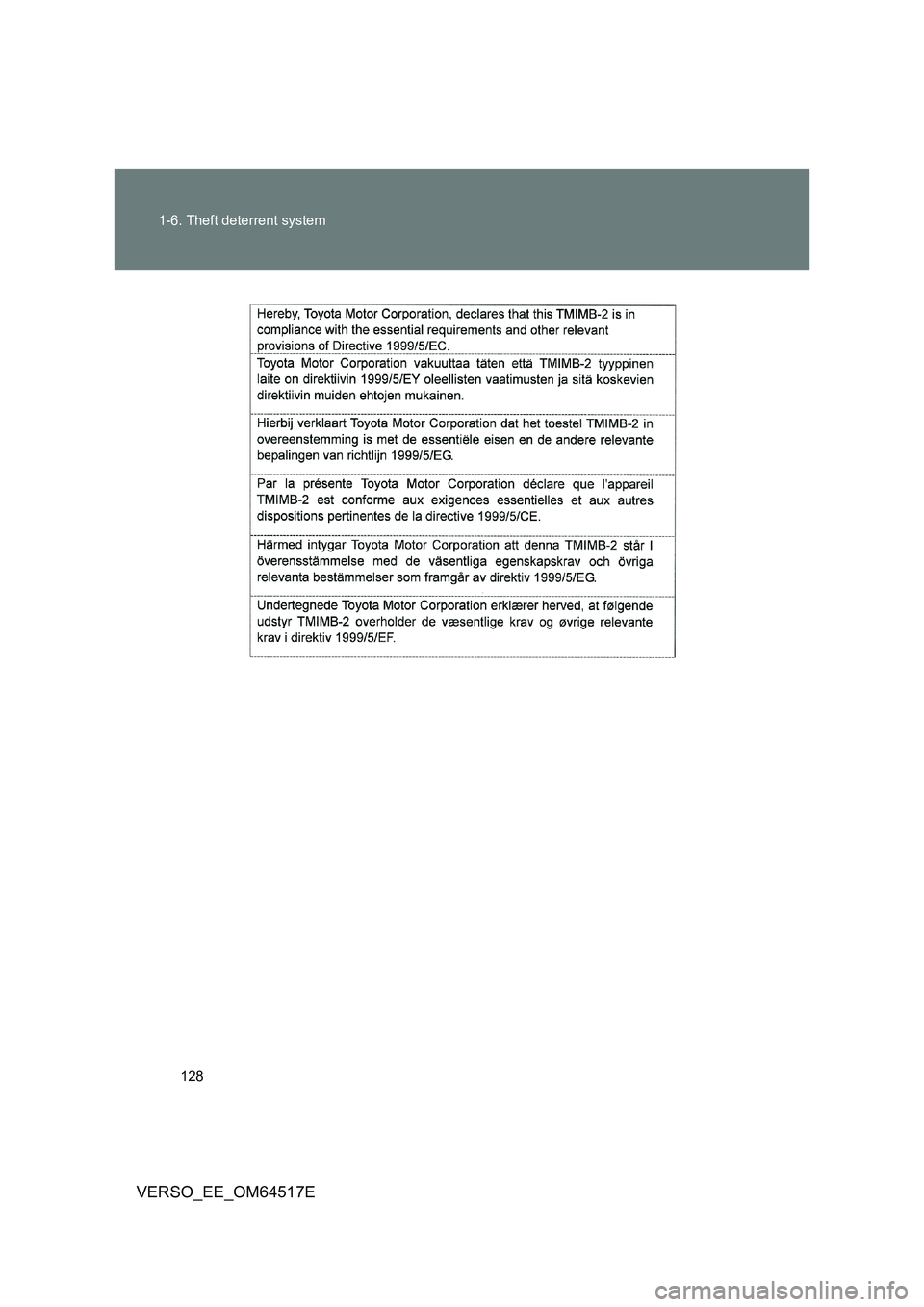 TOYOTA VERSO 2017  Owners Manual 128 
1-6. Theft deterrent system
VERSO_EE_OM64517E 