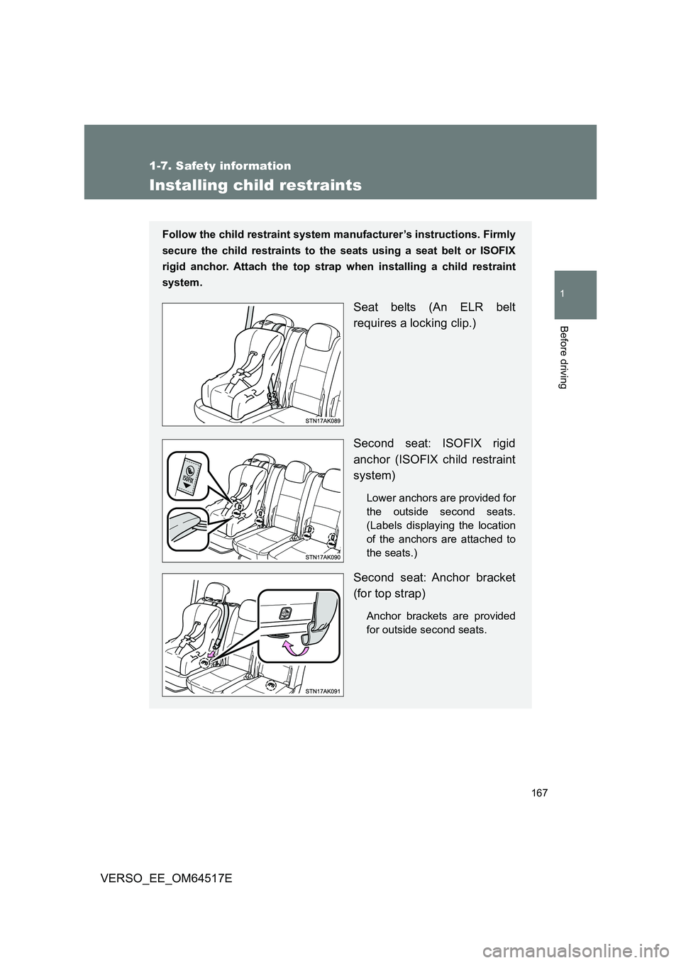 TOYOTA VERSO 2017 Owners Manual 167
1
1-7. Safety information
Before driving
VERSO_EE_OM64517E
Installing child restraints
Follow the child restraint system manufacturer’s instructions. Firmly
secure the child restraints to the s TOYOTA VERSO 2017 Owners Manual 167
1
1-7. Safety information
Before driving
VERSO_EE_OM64517E
Installing child restraints
Follow the child restraint system manufacturer’s instructions. Firmly
secure the child restraints to the s