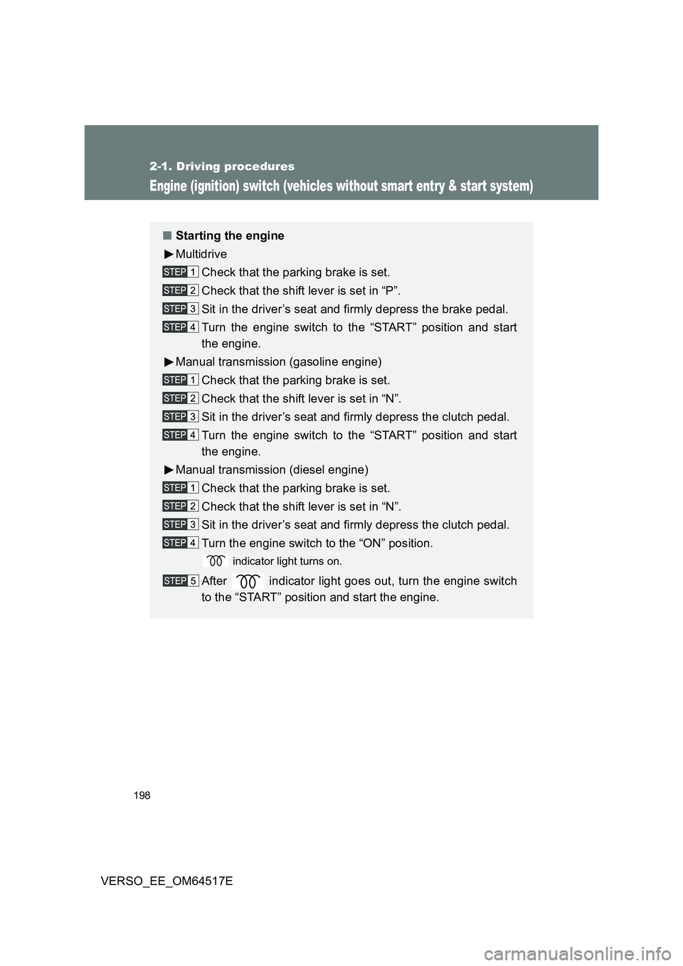 TOYOTA VERSO 2017 Owners Manual 198
2-1. Driving procedures
VERSO_EE_OM64517E
Engine (ignition) switch (vehicles without smart entry & start system)
■Starting the engine
Multidrive
Check that the parking brake is set.
Check that TOYOTA VERSO 2017 Owners Manual 198
2-1. Driving procedures
VERSO_EE_OM64517E
Engine (ignition) switch (vehicles without smart entry & start system)
■Starting the engine
Multidrive
Check that the parking brake is set.
Check that
