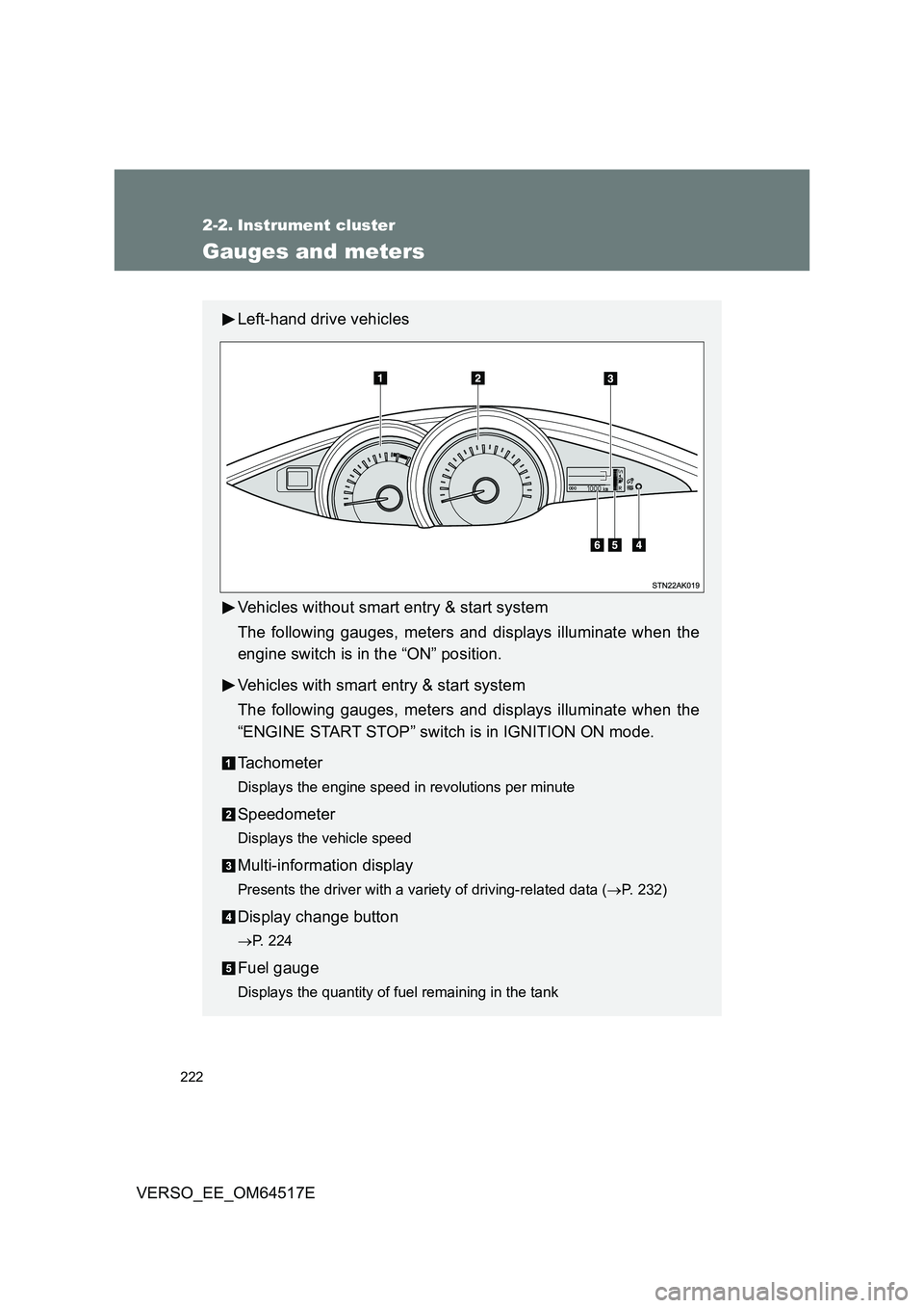TOYOTA VERSO 2017 Owners Manual 222
VERSO_EE_OM64517E
2-2. Instrument cluster
Gauges and meters
Left-hand drive vehicles
Vehicles without smart entry & start system
The following gauges, meters and displays illuminate when the
en TOYOTA VERSO 2017 Owners Manual 222
VERSO_EE_OM64517E
2-2. Instrument cluster
Gauges and meters
Left-hand drive vehicles
Vehicles without smart entry & start system
The following gauges, meters and displays illuminate when the
en
