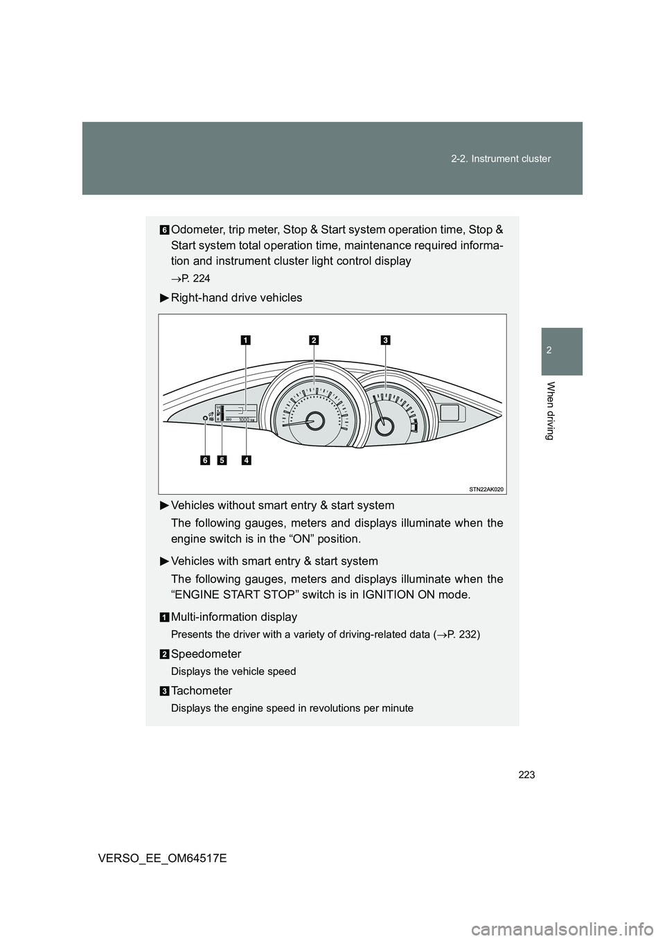 TOYOTA VERSO 2017 Owners Manual 223
2-2. Instrument cluster
2
When driving
VERSO_EE_OM64517E
Odometer, trip meter, Stop & Start system operation time, Stop &
Start system total operation time, maintenance required informa-
tion a TOYOTA VERSO 2017 Owners Manual 223
2-2. Instrument cluster
2
When driving
VERSO_EE_OM64517E
Odometer, trip meter, Stop & Start system operation time, Stop &
Start system total operation time, maintenance required informa-
tion a