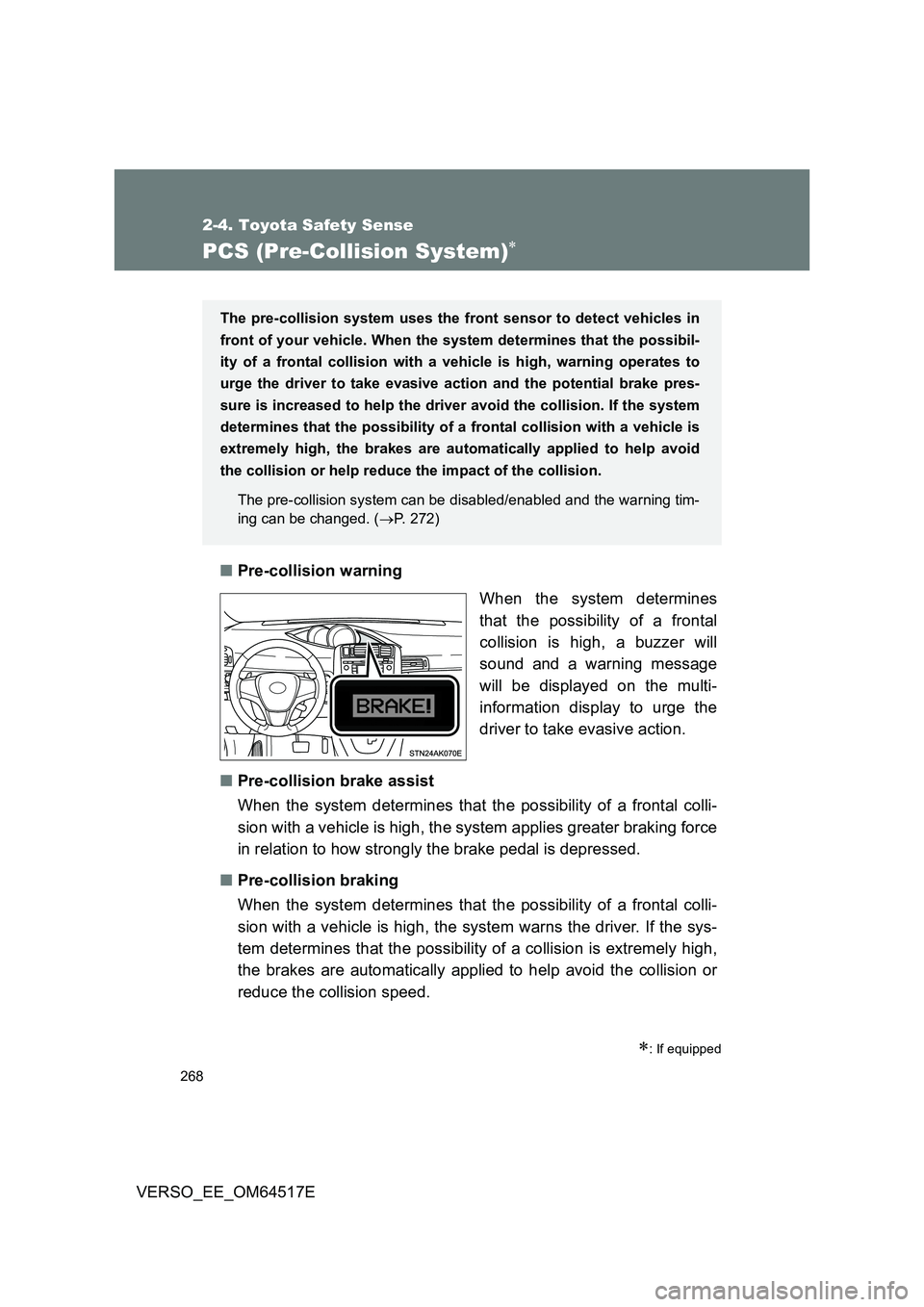TOYOTA VERSO 2017  Owners Manual 268
2-4. Toyota Safety Sense
VERSO_EE_OM64517E
PCS (Pre-Collision System)
■Pre-collision warning 
When the system determines 
that the possibility of a frontal
collision is high, a buzzer will 
s