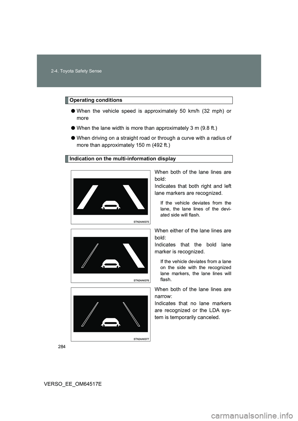 TOYOTA VERSO 2017 Owners Manual 284
2-4. Toyota Safety Sense
VERSO_EE_OM64517E
Operating conditions
● When the vehicle speed is approximately 50 km/h (32 mph) or
more
● When the lane width is more than approximately 3 m (9.8 TOYOTA VERSO 2017 Owners Manual 284
2-4. Toyota Safety Sense
VERSO_EE_OM64517E
Operating conditions
● When the vehicle speed is approximately 50 km/h (32 mph) or
more
● When the lane width is more than approximately 3 m (9.8