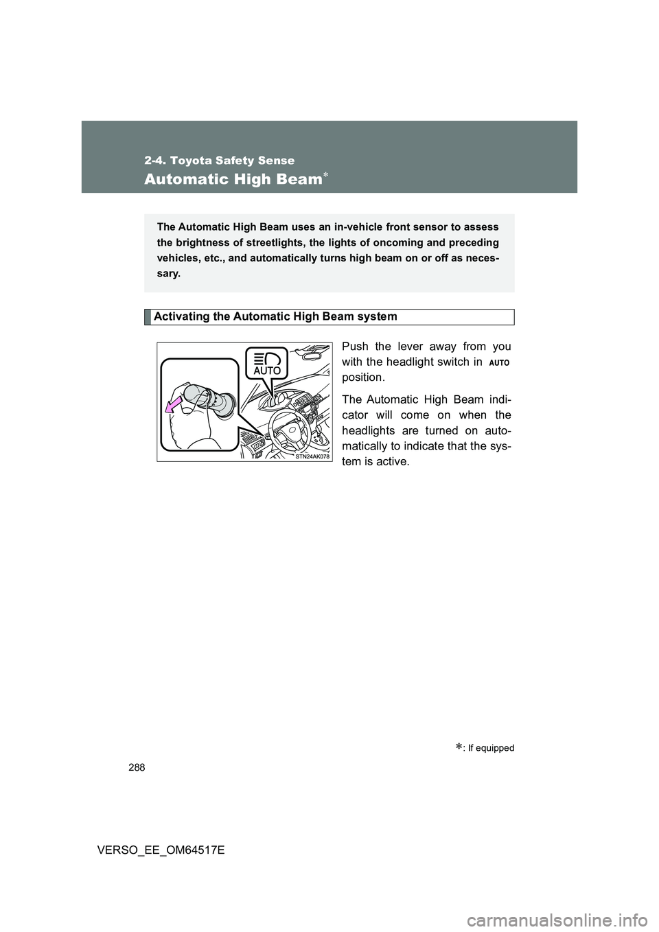 TOYOTA VERSO 2017 Owners Manual 288
2-4. Toyota Safety Sense
VERSO_EE_OM64517E
Automatic High Beam
Activating the Automatic High Beam system
Push the lever away from you
with the headlight switch in
position.
The Automatic H TOYOTA VERSO 2017 Owners Manual 288
2-4. Toyota Safety Sense
VERSO_EE_OM64517E
Automatic High Beam
Activating the Automatic High Beam system
Push the lever away from you
with the headlight switch in
position.
The Automatic H