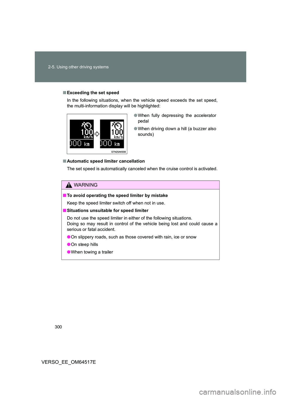TOYOTA VERSO 2017 Owners Manual 300
2-5. Using other driving systems
VERSO_EE_OM64517E
■ Exceeding the set speed
In the following situations, when the vehicle speed exceeds the set speed,
the multi-information display will be h TOYOTA VERSO 2017 Owners Manual 300
2-5. Using other driving systems
VERSO_EE_OM64517E
■ Exceeding the set speed
In the following situations, when the vehicle speed exceeds the set speed,
the multi-information display will be h