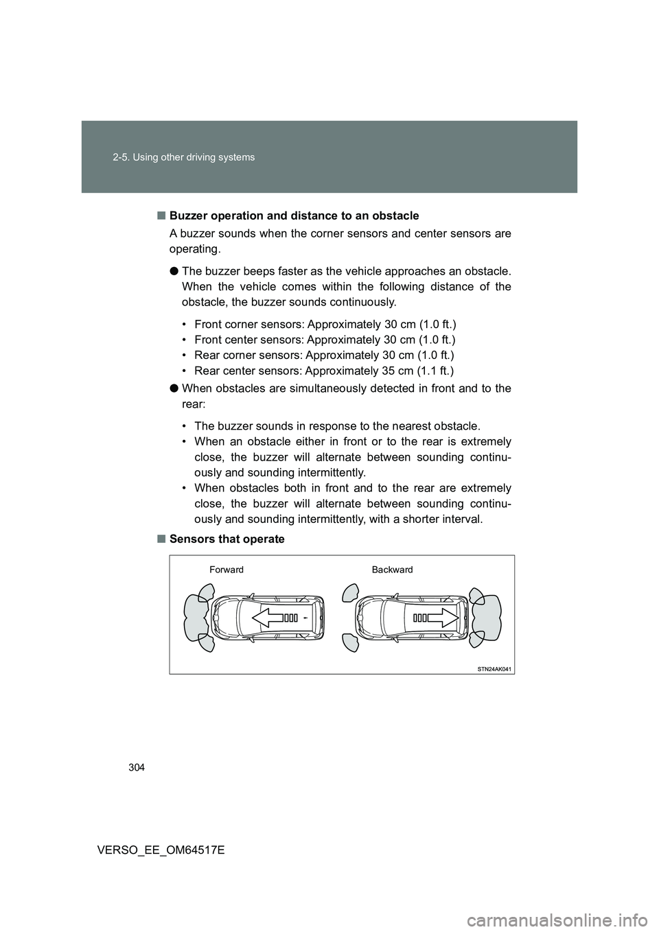 TOYOTA VERSO 2017 Owners Manual 304
2-5. Using other driving systems
VERSO_EE_OM64517E
■ Buzzer operation and distance to an obstacle
A buzzer sounds when the corner sensors and center sensors are
operating.
● The buzzer be TOYOTA VERSO 2017 Owners Manual 304
2-5. Using other driving systems
VERSO_EE_OM64517E
■ Buzzer operation and distance to an obstacle
A buzzer sounds when the corner sensors and center sensors are
operating.
● The buzzer be