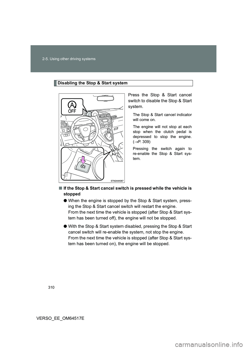 TOYOTA VERSO 2017 Owners Manual 310
2-5. Using other driving systems
VERSO_EE_OM64517E
Disabling the Stop & Start system
Press the Stop & Start cancel
switch to disable the Stop & Start
system.
The Stop & Start cancel indicator
TOYOTA VERSO 2017 Owners Manual 310
2-5. Using other driving systems
VERSO_EE_OM64517E
Disabling the Stop & Start system
Press the Stop & Start cancel
switch to disable the Stop & Start
system.
The Stop & Start cancel indicator