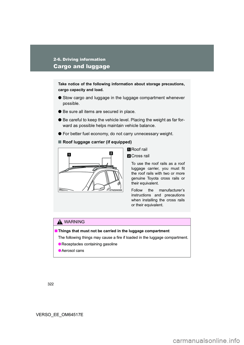 TOYOTA VERSO 2017  Owners Manual 322
VERSO_EE_OM64517E
2-6. Driving information
Cargo and luggage
WARNING
■Things that must not be carried in the luggage compartment 
The following things may cause a fi re if loaded in the luggage 