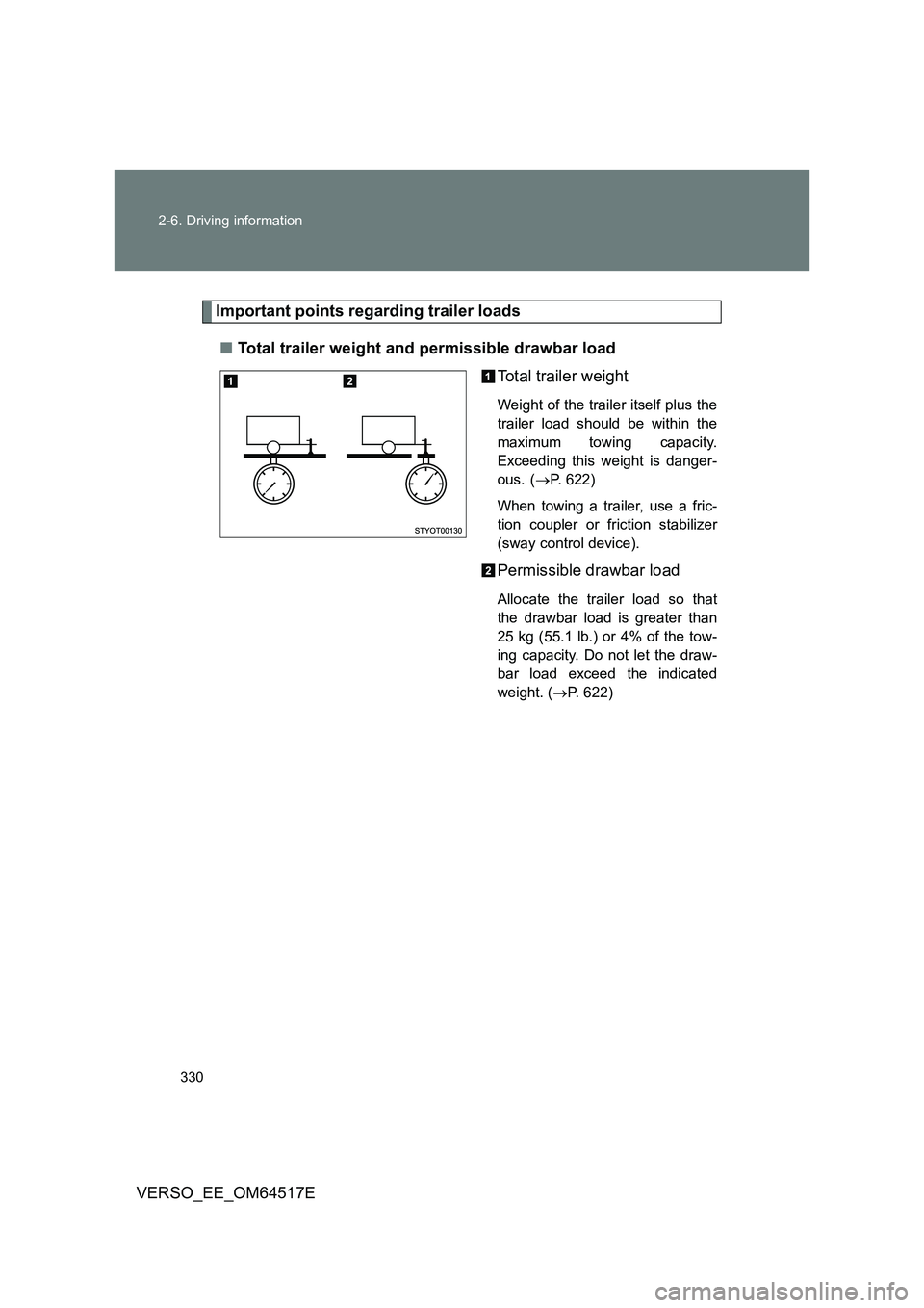 TOYOTA VERSO 2017 Owners Manual 330
2-6. Driving information
VERSO_EE_OM64517E
Important points regarding trailer loads
■ Total trailer weight and permissible drawbar load
Total trailer weight
Weight of the trailer itself plus TOYOTA VERSO 2017 Owners Manual 330
2-6. Driving information
VERSO_EE_OM64517E
Important points regarding trailer loads
■ Total trailer weight and permissible drawbar load
Total trailer weight
Weight of the trailer itself plus