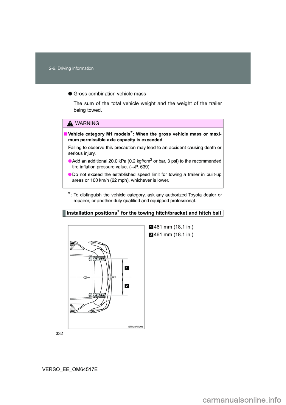 TOYOTA VERSO 2017 Owners Manual 332
2-6. Driving information
VERSO_EE_OM64517E
● Gross combination vehicle mass
The sum of the total vehicle weight and the weight of the trailer
being towed.
*: To distinguish the vehicle categ TOYOTA VERSO 2017 Owners Manual 332
2-6. Driving information
VERSO_EE_OM64517E
● Gross combination vehicle mass
The sum of the total vehicle weight and the weight of the trailer
being towed.
*: To distinguish the vehicle categ
