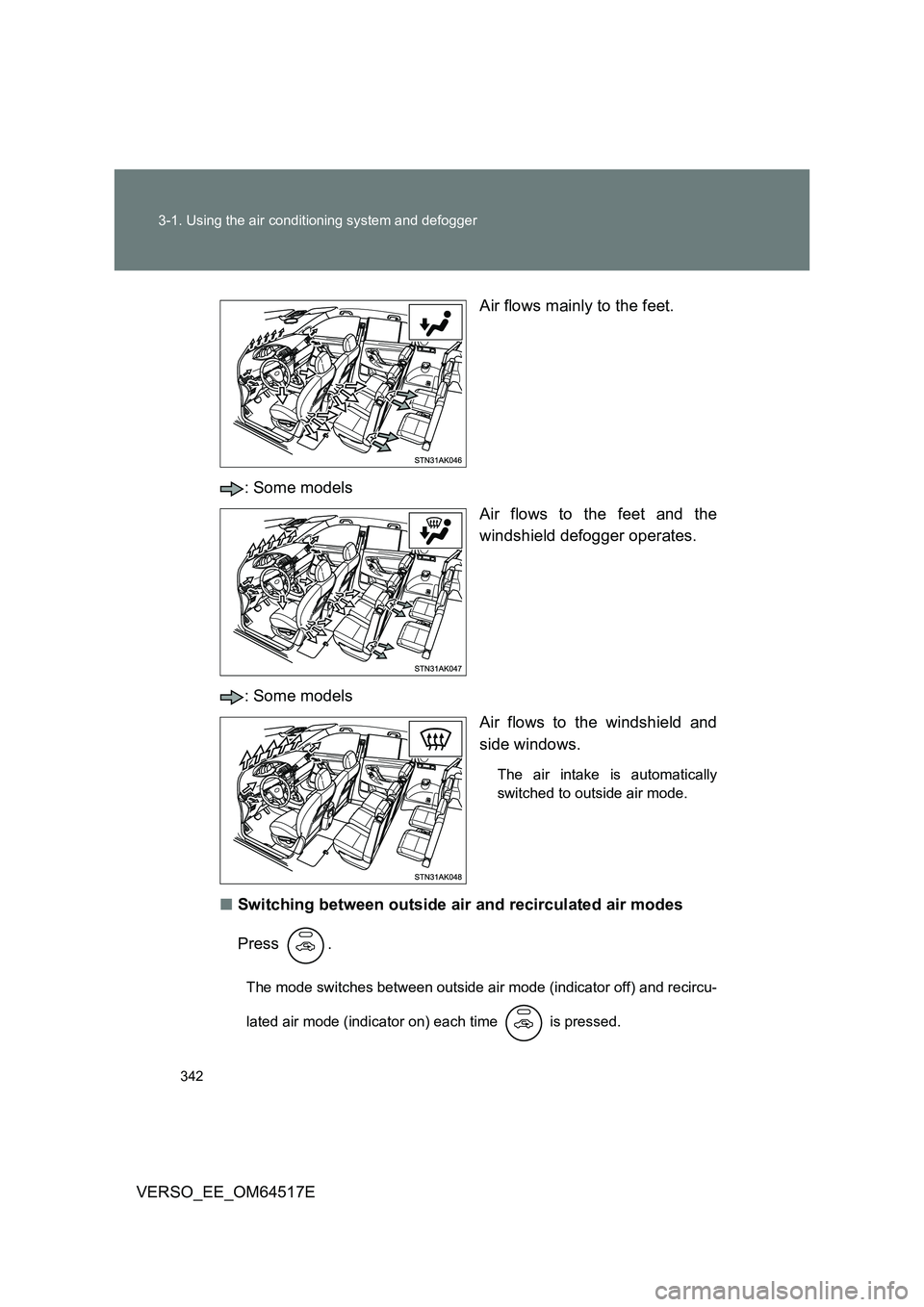 TOYOTA VERSO 2017  Owners Manual 342 
3-1. Using the air conditioning system and defogger
VERSO_EE_OM64517E 
Air flows mainly to the feet. 
: Some models 
Air flows to the feet and the 
windshield defogger operates. 
: Some models 
A