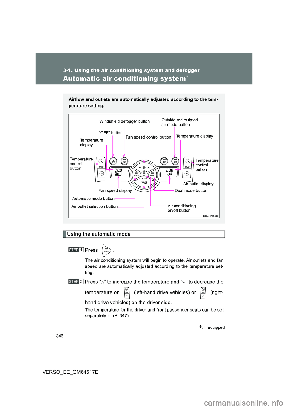 TOYOTA VERSO 2017  Owners Manual 346
3-1. Using the air conditioning system and defogger
VERSO_EE_OM64517E
Automatic air conditioning system
Using the automatic mode 
Press .
The air conditioning system will begin to operate. Air 