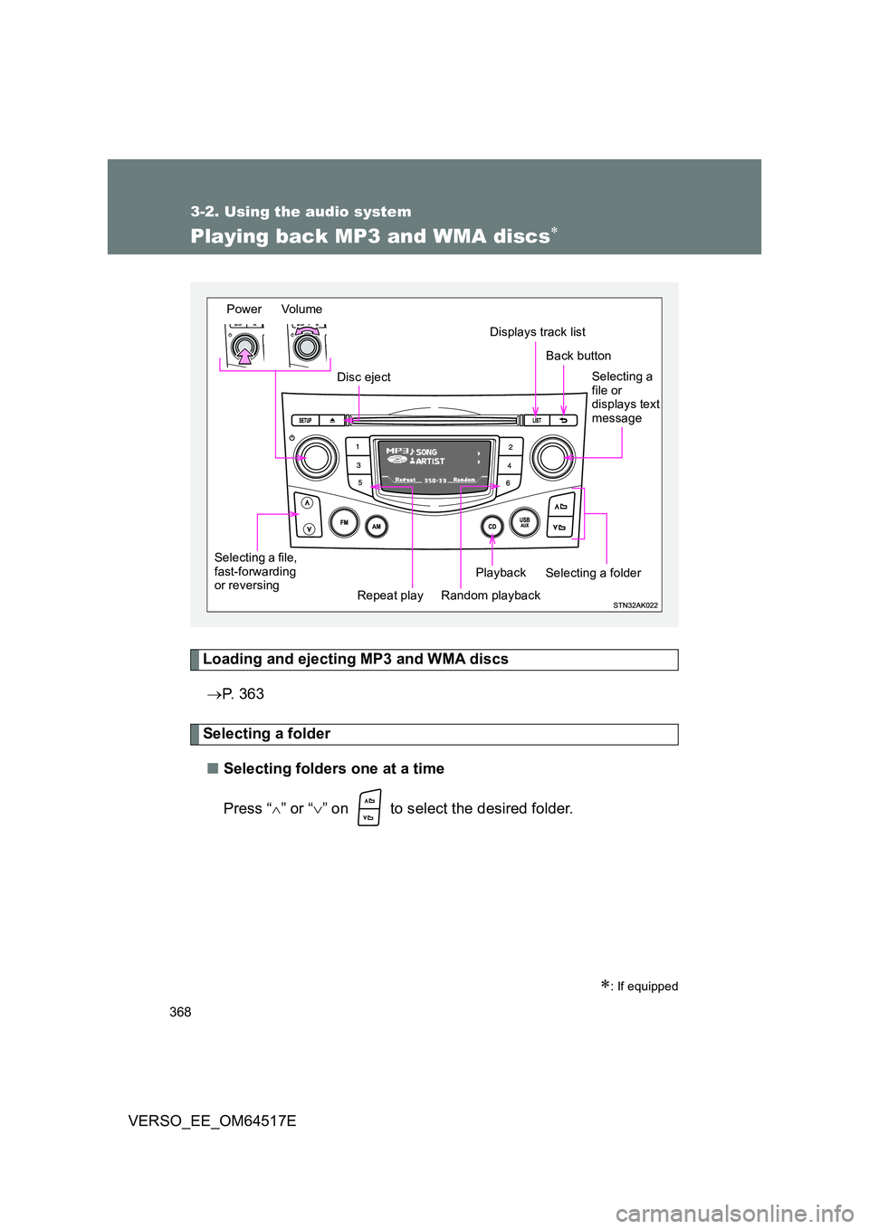 TOYOTA VERSO 2017 Owners Manual 368
3-2. Using the audio system
VERSO_EE_OM64517E
Playing back MP3 and WMA discs
Loading and ejecting MP3 and WMA discs
P. 3 6 3
Selecting a folder
■ Selecting folders one at a time
Press TOYOTA VERSO 2017 Owners Manual 368
3-2. Using the audio system
VERSO_EE_OM64517E
Playing back MP3 and WMA discs
Loading and ejecting MP3 and WMA discs
P. 3 6 3
Selecting a folder
■ Selecting folders one at a time
Press
