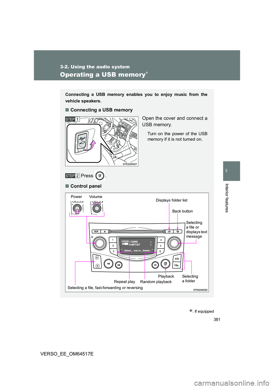 TOYOTA VERSO 2017 Owners Manual 381
3-2. Using the audio system
3
Interior features
VERSO_EE_OM64517E
Operating a USB memory
: If equipped
Connecting a USB memory enables you to enjoy music from the
vehicle speakers.
■ Conn TOYOTA VERSO 2017 Owners Manual 381
3-2. Using the audio system
3
Interior features
VERSO_EE_OM64517E
Operating a USB memory
: If equipped
Connecting a USB memory enables you to enjoy music from the
vehicle speakers.
■ Conn