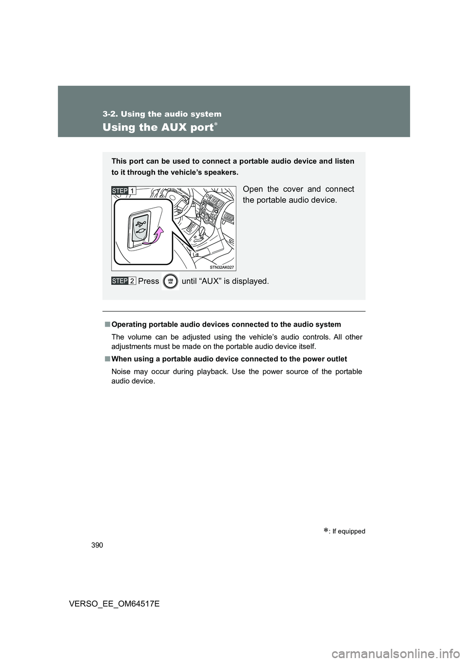TOYOTA VERSO 2017 Owners Manual 390
3-2. Using the audio system
VERSO_EE_OM64517E
Using the AUX port
: If equipped
■Operating portable audio devices connected to the audio system
The volume can be adjusted using the vehicle TOYOTA VERSO 2017 Owners Manual 390
3-2. Using the audio system
VERSO_EE_OM64517E
Using the AUX port
: If equipped
■Operating portable audio devices connected to the audio system
The volume can be adjusted using the vehicle