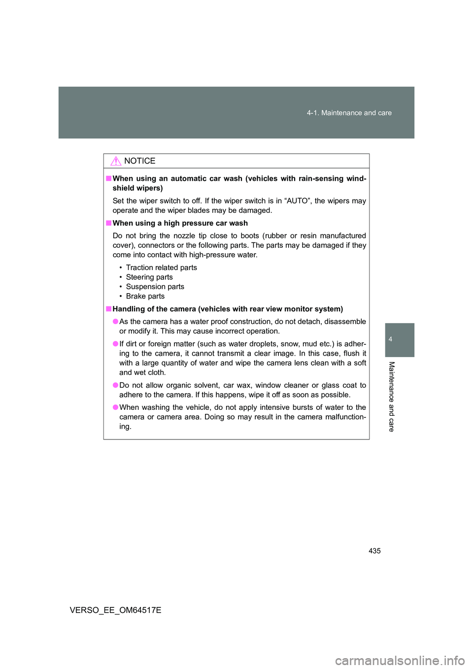 TOYOTA VERSO 2017 Owners Manual 435
4-1. Maintenance and care
4
Maintenance and care
VERSO_EE_OM64517E
NOTICE
■ When using an automatic car wash (vehicles with rain-sensing wind-
shield wipers)
Set the wiper switch to off. If t TOYOTA VERSO 2017 Owners Manual 435
4-1. Maintenance and care
4
Maintenance and care
VERSO_EE_OM64517E
NOTICE
■ When using an automatic car wash (vehicles with rain-sensing wind-
shield wipers)
Set the wiper switch to off. If t