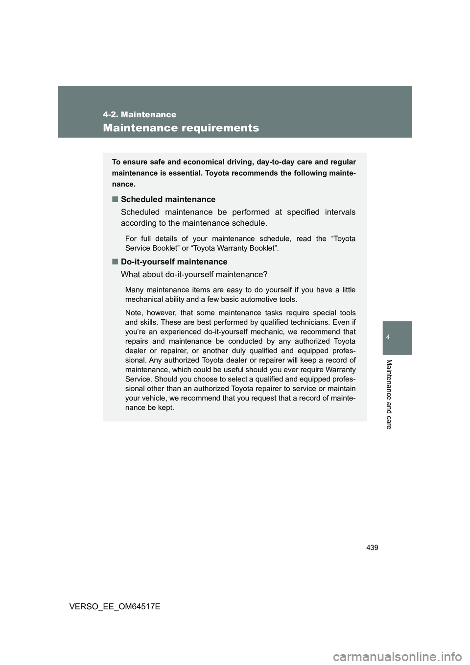 TOYOTA VERSO 2017 Owners Manual 439
4
Maintenance and care
VERSO_EE_OM64517E
4-2. Maintenance
Maintenance requirements
To ensure safe and economical driving, day-to-day care and regular
maintenance is essential. Toyota r ecommends TOYOTA VERSO 2017 Owners Manual 439
4
Maintenance and care
VERSO_EE_OM64517E
4-2. Maintenance
Maintenance requirements
To ensure safe and economical driving, day-to-day care and regular
maintenance is essential. Toyota r ecommends