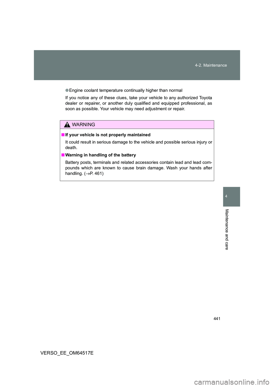 TOYOTA VERSO 2017 Owners Manual 441
4-2. Maintenance
4
Maintenance and care
VERSO_EE_OM64517E
● Engine coolant temperature continually higher than normal
If you notice any of these clues, take your vehicle to any authorized Toyo TOYOTA VERSO 2017 Owners Manual 441
4-2. Maintenance
4
Maintenance and care
VERSO_EE_OM64517E
● Engine coolant temperature continually higher than normal
If you notice any of these clues, take your vehicle to any authorized Toyo