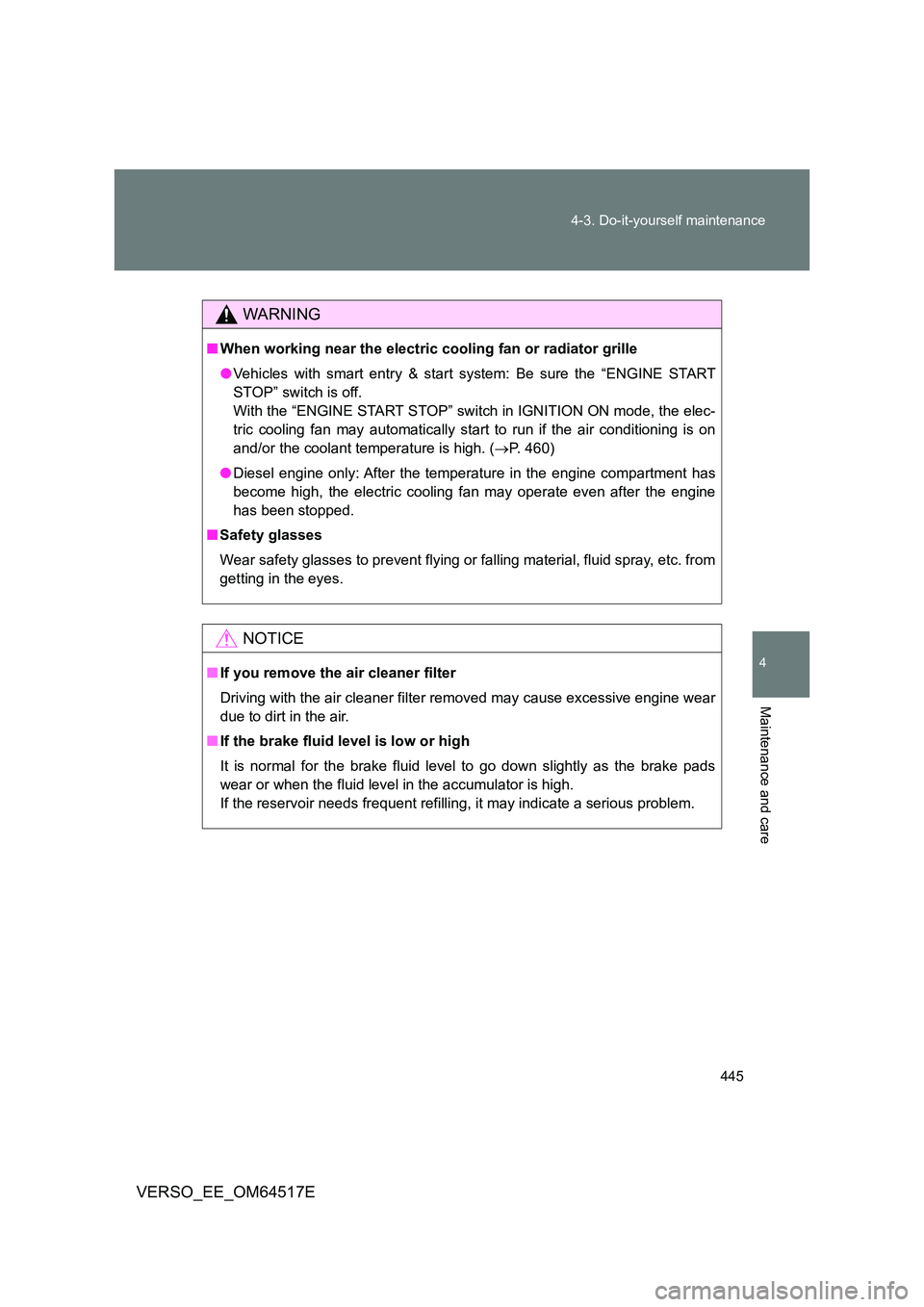 TOYOTA VERSO 2017 Owners Manual 445
4-3. Do-it-yourself maintenance
4
Maintenance and care
VERSO_EE_OM64517E
WARNING
■ When working near the electric cooling fan or radiator grille
● Vehicles with smart entry & start system: B TOYOTA VERSO 2017 Owners Manual 445
4-3. Do-it-yourself maintenance
4
Maintenance and care
VERSO_EE_OM64517E
WARNING
■ When working near the electric cooling fan or radiator grille
● Vehicles with smart entry & start system: B