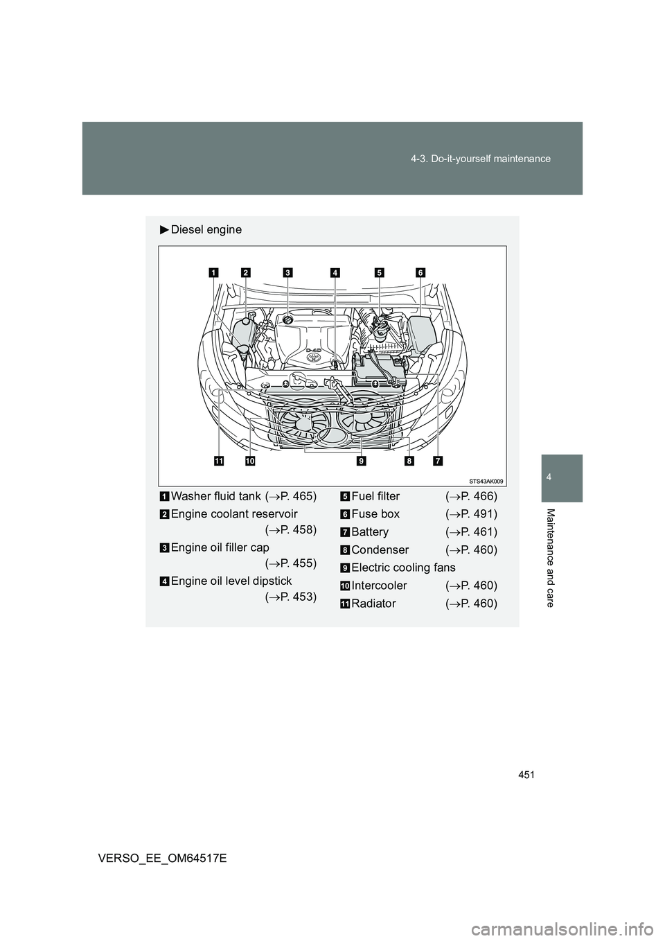 TOYOTA VERSO 2017  Owners Manual 451 
4-3. Do-it-yourself maintenance
4
Maintenance and care
VERSO_EE_OM64517E
Diesel engine
Washer fluid tank ( P. 465) 
Engine coolant reservoir  
( P. 458) 
Engine oil filler cap  
( P. 455