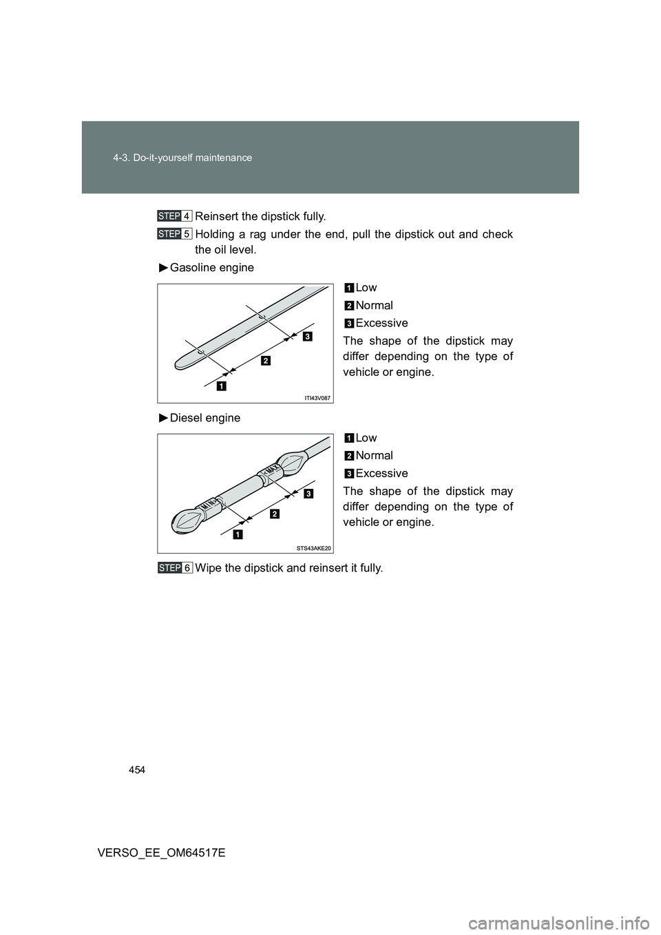 TOYOTA VERSO 2017 Owners Manual 454
4-3. Do-it-yourself maintenance
VERSO_EE_OM64517E
Reinsert the dipstick fully.
Holding a rag under the end, pull the dipstick out and check
the oil level.
Gasoline engine
Low
Normal
Excessi TOYOTA VERSO 2017 Owners Manual 454
4-3. Do-it-yourself maintenance
VERSO_EE_OM64517E
Reinsert the dipstick fully.
Holding a rag under the end, pull the dipstick out and check
the oil level.
Gasoline engine
Low
Normal
Excessi