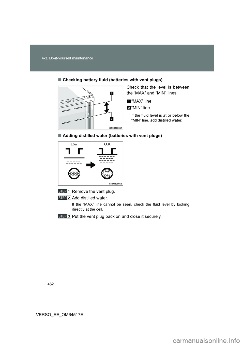 TOYOTA VERSO 2017 Owners Manual 462
4-3. Do-it-yourself maintenance
VERSO_EE_OM64517E
■ Checking battery fluid (batteries with vent plugs)
Check that the level is between
the “MAX” and “MIN” lines.
“MAX” line
“ TOYOTA VERSO 2017 Owners Manual 462
4-3. Do-it-yourself maintenance
VERSO_EE_OM64517E
■ Checking battery fluid (batteries with vent plugs)
Check that the level is between
the “MAX” and “MIN” lines.
“MAX” line
“