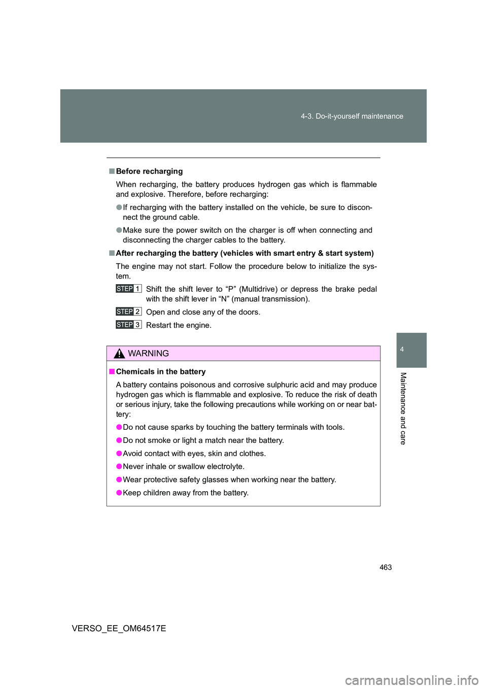 TOYOTA VERSO 2017 Owners Manual 463
4-3. Do-it-yourself maintenance
4
Maintenance and care
VERSO_EE_OM64517E
■ Before recharging
When recharging, the battery produces hydrogen gas which is flammable
and explosive. Therefore, be TOYOTA VERSO 2017 Owners Manual 463
4-3. Do-it-yourself maintenance
4
Maintenance and care
VERSO_EE_OM64517E
■ Before recharging
When recharging, the battery produces hydrogen gas which is flammable
and explosive. Therefore, be