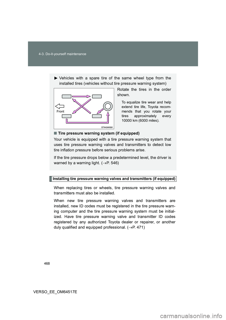 TOYOTA VERSO 2017 Owners Manual 468
4-3. Do-it-yourself maintenance
VERSO_EE_OM64517E
Installing tire pressure warning valves and transmitters (if equipped)
When replacing tires or wheels, tire pressure warning valves and
transmi TOYOTA VERSO 2017 Owners Manual 468
4-3. Do-it-yourself maintenance
VERSO_EE_OM64517E
Installing tire pressure warning valves and transmitters (if equipped)
When replacing tires or wheels, tire pressure warning valves and
transmi