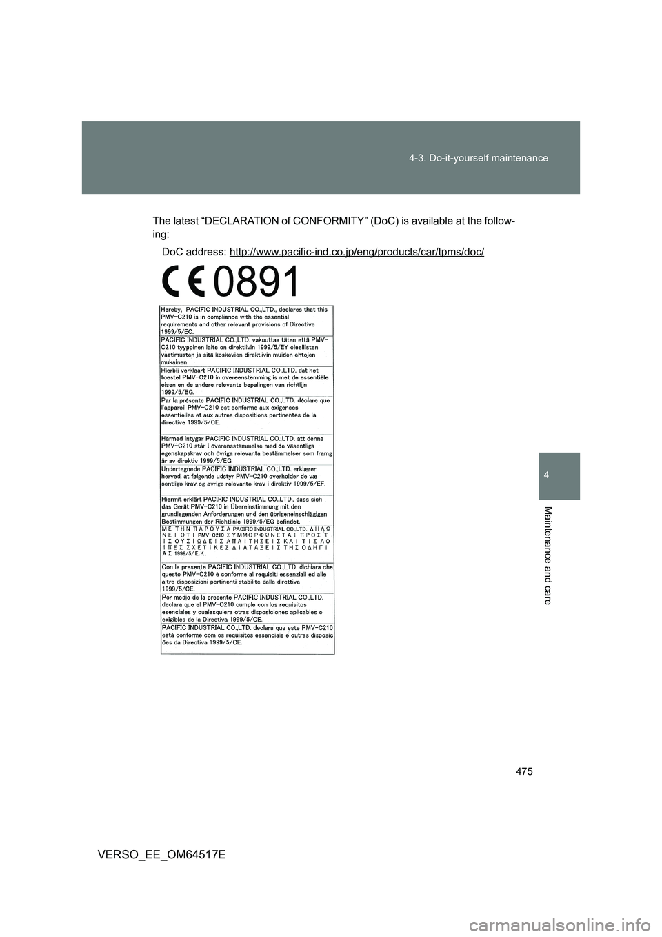 TOYOTA VERSO 2017 Owners Manual 475
4-3. Do-it-yourself maintenance
4
Maintenance and care
VERSO_EE_OM64517E
The latest “DECLARATION of CONFORMITY” (DoC) is available at the follow-
ing:
DoC address: http://www.pacific-ind.co TOYOTA VERSO 2017 Owners Manual 475
4-3. Do-it-yourself maintenance
4
Maintenance and care
VERSO_EE_OM64517E
The latest “DECLARATION of CONFORMITY” (DoC) is available at the follow-
ing:
DoC address: http://www.pacific-ind.co