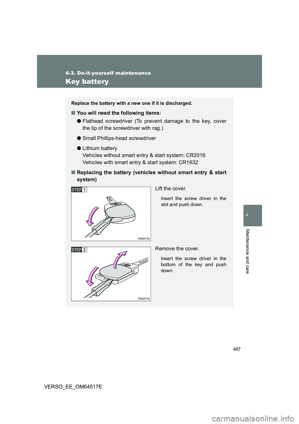 TOYOTA VERSO 2017 Owners Manual 487
4-3. Do-it-yourself maintenance
4
Maintenance and care
VERSO_EE_OM64517E
Key battery
Replace the battery with a new one if it is discharged.
■You will need the following items:
● Flathead scr TOYOTA VERSO 2017 Owners Manual 487
4-3. Do-it-yourself maintenance
4
Maintenance and care
VERSO_EE_OM64517E
Key battery
Replace the battery with a new one if it is discharged.
■You will need the following items:
● Flathead scr