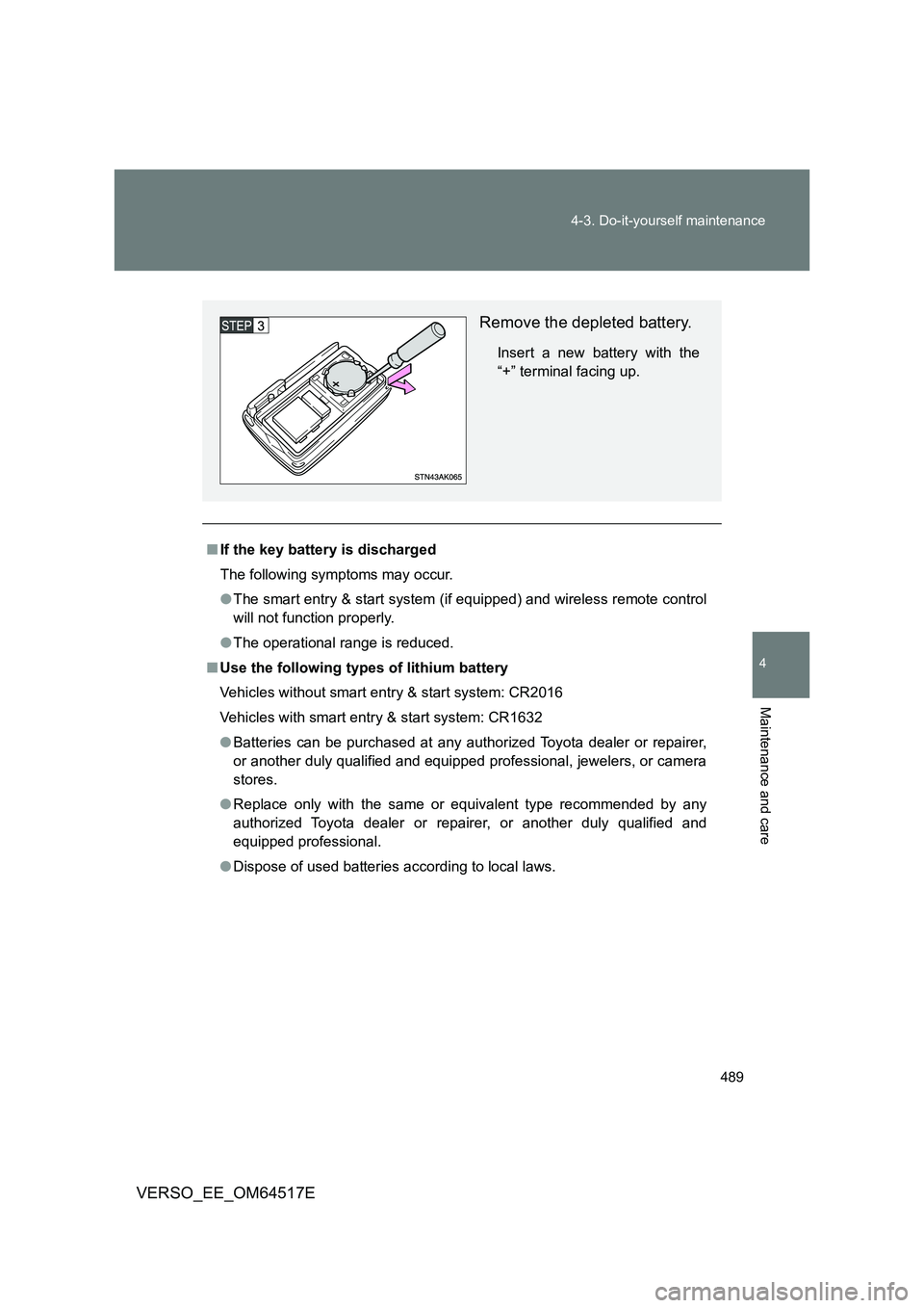 TOYOTA VERSO 2017 Owners Manual 489
4-3. Do-it-yourself maintenance
4
Maintenance and care
VERSO_EE_OM64517E
■ If the key battery is discharged
The following symptoms may occur.
● The smart entry & start system (if equipped) a TOYOTA VERSO 2017 Owners Manual 489
4-3. Do-it-yourself maintenance
4
Maintenance and care
VERSO_EE_OM64517E
■ If the key battery is discharged
The following symptoms may occur.
● The smart entry & start system (if equipped) a