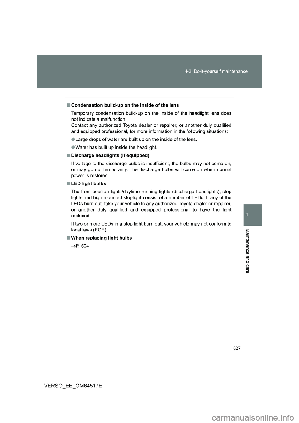 TOYOTA VERSO 2017 Owners Manual 527
4-3. Do-it-yourself maintenance
4
Maintenance and care
VERSO_EE_OM64517E
■ Condensation build-up on the inside of the lens
Temporary condensation build-up on the inside of the headlight lens d TOYOTA VERSO 2017 Owners Manual 527
4-3. Do-it-yourself maintenance
4
Maintenance and care
VERSO_EE_OM64517E
■ Condensation build-up on the inside of the lens
Temporary condensation build-up on the inside of the headlight lens d
