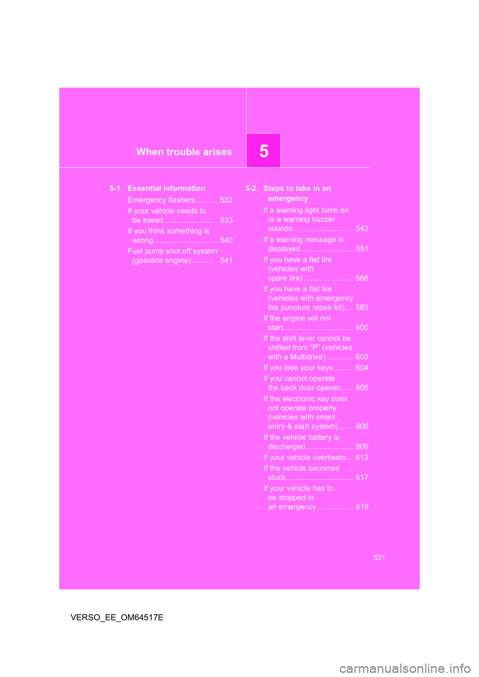 TOYOTA VERSO 2017 Owners Manual 5When trouble arises
531
VERSO_EE_OM64517E
5-1. Essential information
Emergency flashers .......... 532
If your vehicle needs to
be towed ......................... 533
If you think something is TOYOTA VERSO 2017 Owners Manual 5When trouble arises
531
VERSO_EE_OM64517E
5-1. Essential information
Emergency flashers .......... 532
If your vehicle needs to
be towed ......................... 533
If you think something is