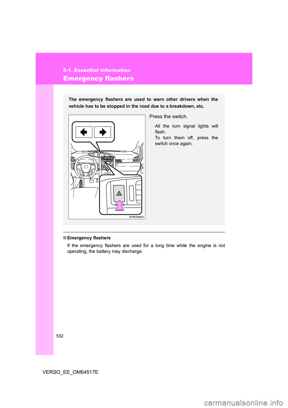TOYOTA VERSO 2017 Owners Manual 532
VERSO_EE_OM64517E
5-1. Essential information
Emergency flashers
■Emergency flashers
If the emergency flashers are used for a long time while the engine is not
operating, the battery may discha TOYOTA VERSO 2017 Owners Manual 532
VERSO_EE_OM64517E
5-1. Essential information
Emergency flashers
■Emergency flashers
If the emergency flashers are used for a long time while the engine is not
operating, the battery may discha