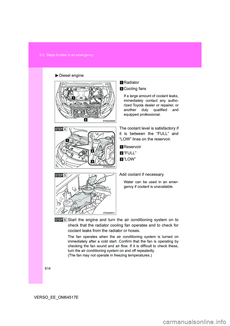 TOYOTA VERSO 2017 Owners Manual 614
5-2. Steps to take in an emergency
VERSO_EE_OM64517E
Diesel engine
Radiator
Cooling fans
If a large amount of coolant leaks,
immediately contact any autho-
rized Toyota dealer or repairer, or TOYOTA VERSO 2017 Owners Manual 614
5-2. Steps to take in an emergency
VERSO_EE_OM64517E
Diesel engine
Radiator
Cooling fans
If a large amount of coolant leaks,
immediately contact any autho-
rized Toyota dealer or repairer, or
