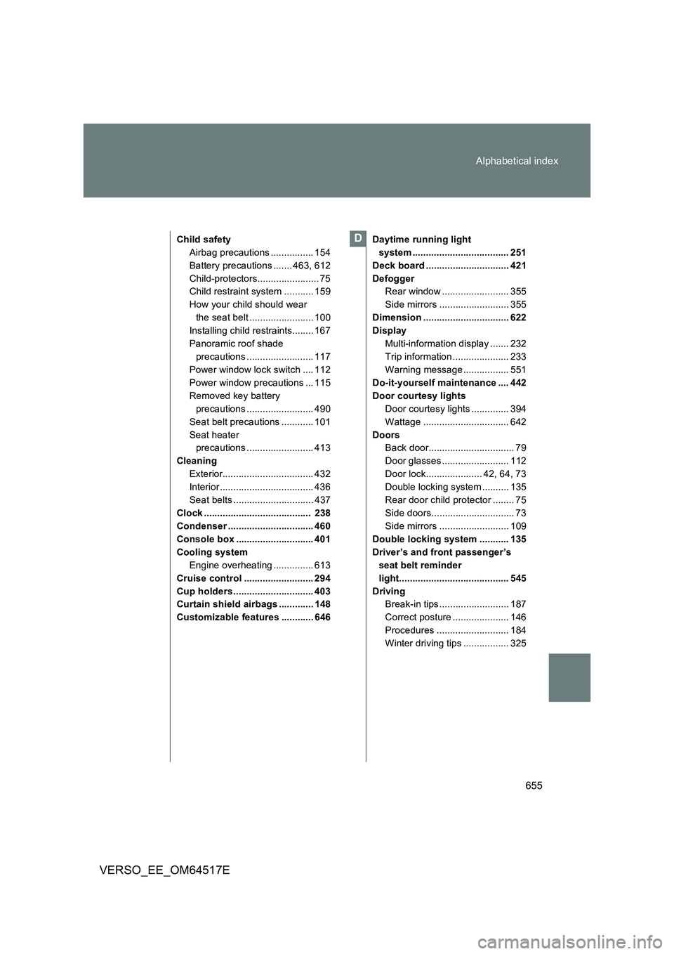 TOYOTA VERSO 2017 Owners Manual 655
Alphabetical index
VERSO_EE_OM64517E
Child safety
Airbag precautions ................ 154
Battery precautions ....... 463, 612
Child-protectors....................... 75
Child restraint system TOYOTA VERSO 2017 Owners Manual 655
Alphabetical index
VERSO_EE_OM64517E
Child safety
Airbag precautions ................ 154
Battery precautions ....... 463, 612
Child-protectors....................... 75
Child restraint system
