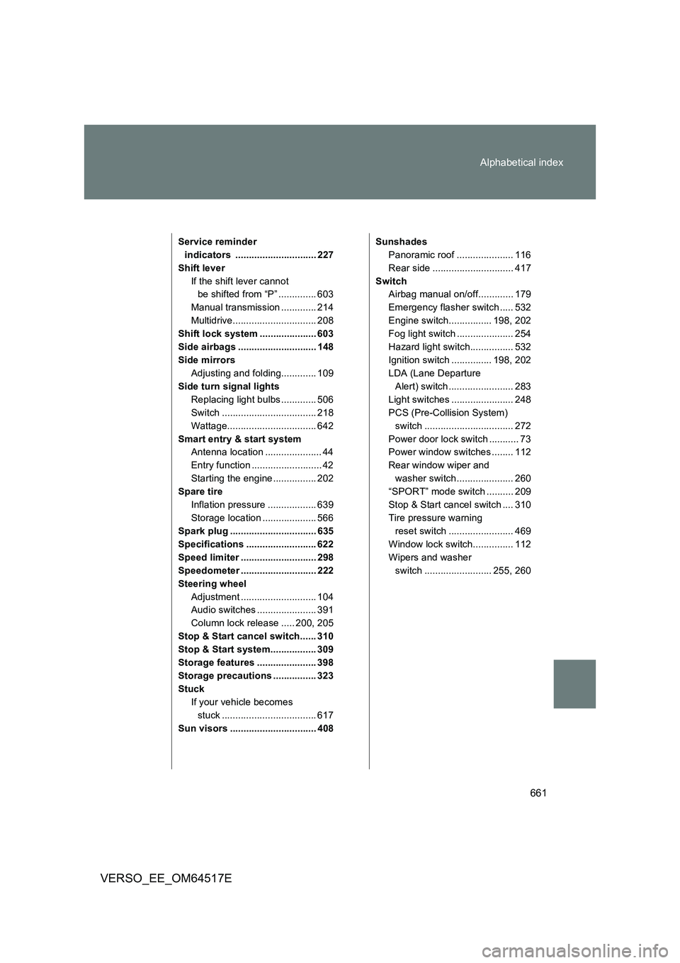 TOYOTA VERSO 2017  Owners Manual 661 
Alphabetical index
VERSO_EE_OM64517E
Service reminder  
indicators .............................. 227
Shift lever
If the shift lever cannot  
be shifted from “P” .............. 603 
Manual tr