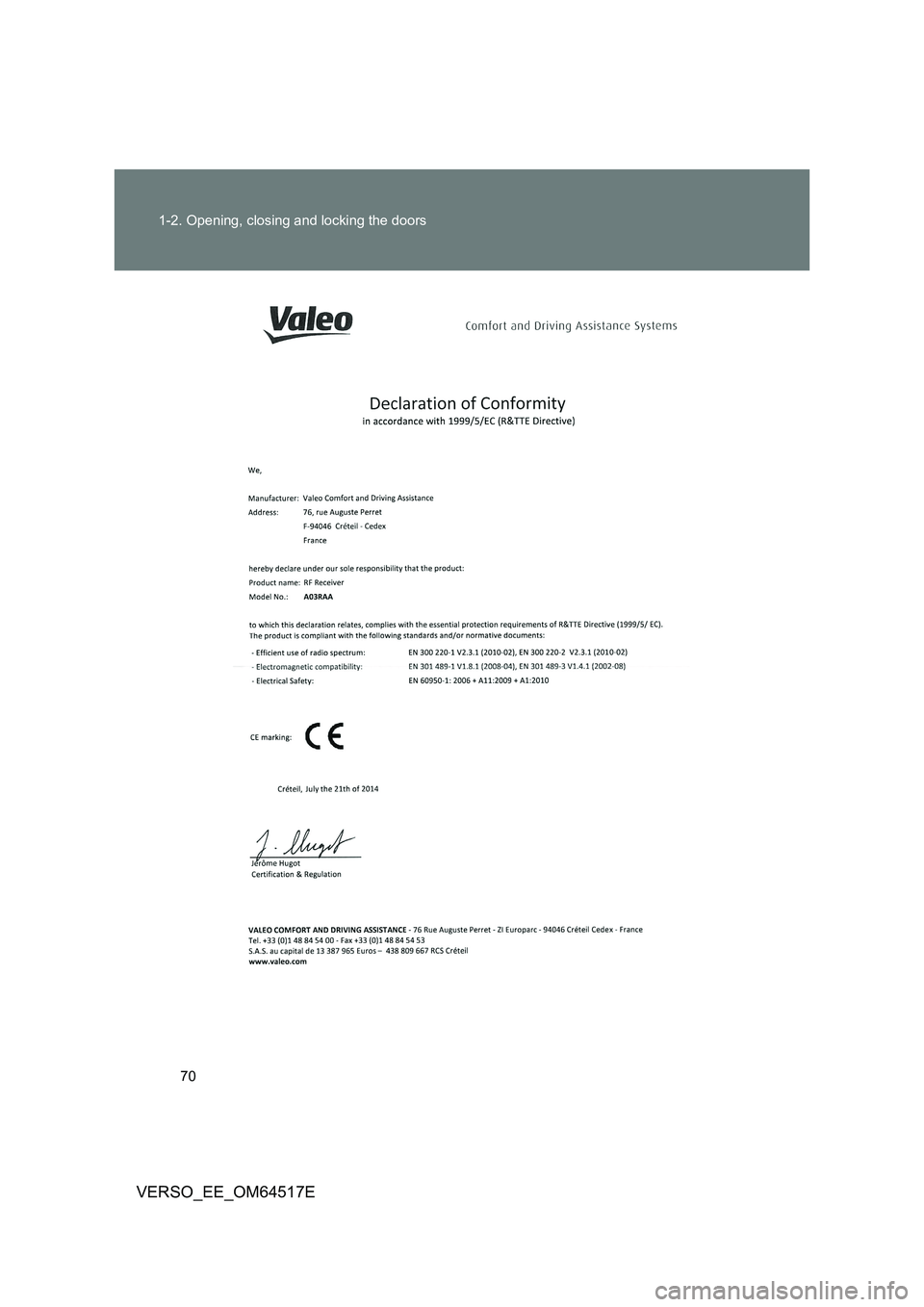 TOYOTA VERSO 2017 Repair Manual 70 
1-2. Opening, closing and locking the doors
VERSO_EE_OM64517E 