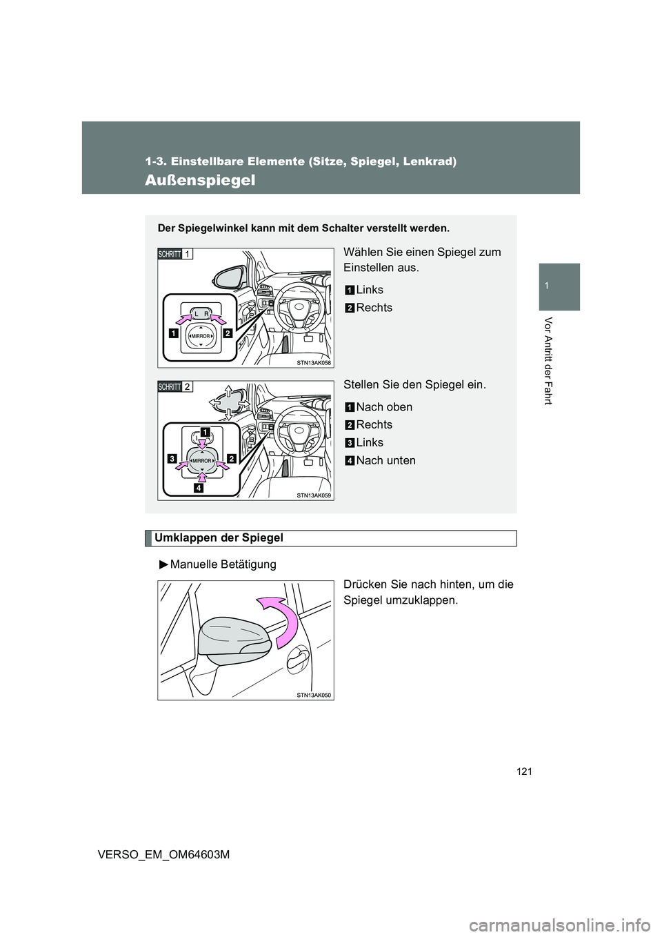 TOYOTA VERSO 2017 Betriebsanleitungen (in German) 121
1
1-3. Einstellbare Elemente (Sitze, Spiegel, Lenkrad)
Vor Antritt der Fahrt
VERSO_EM_OM64603M
Außenspiegel
Umklappen der Spiegel
Manuelle Betätigung
Drücken Sie nach hinten, um die
Spiegel umz TOYOTA VERSO 2017 Betriebsanleitungen (in German) 121
1
1-3. Einstellbare Elemente (Sitze, Spiegel, Lenkrad)
Vor Antritt der Fahrt
VERSO_EM_OM64603M
Außenspiegel
Umklappen der Spiegel
Manuelle Betätigung
Drücken Sie nach hinten, um die
Spiegel umz