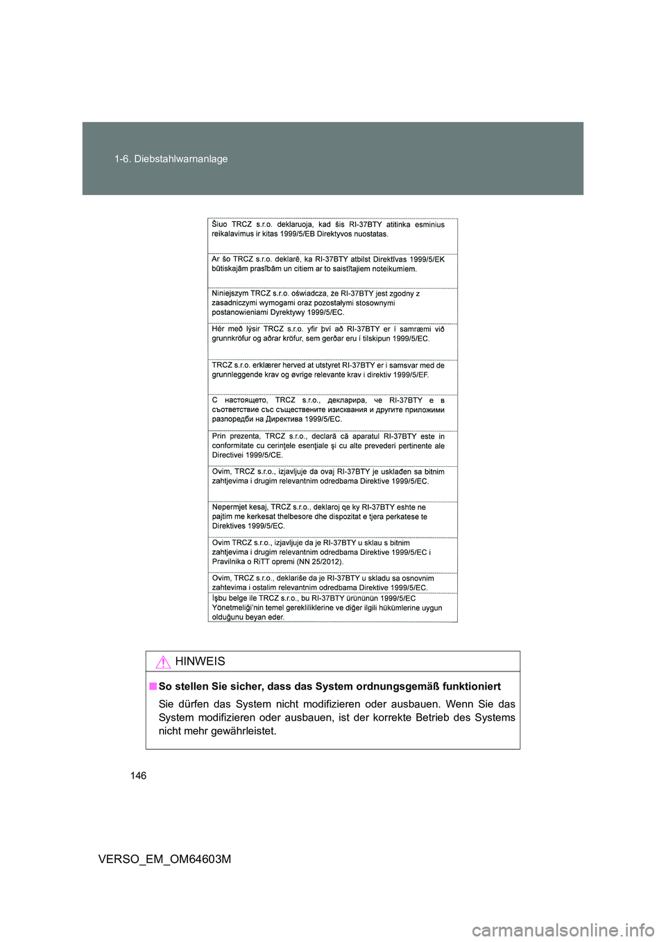 TOYOTA VERSO 2017  Betriebsanleitungen (in German) 146 
1-6. Diebstahlwarnanlage
VERSO_EM_OM64603M
HINWEIS
■ So stellen Sie sicher, dass das System ordnungsgemäß funktioniert 
Sie dürfen das System nicht modifizieren oder ausbauen. Wenn Sie das 
